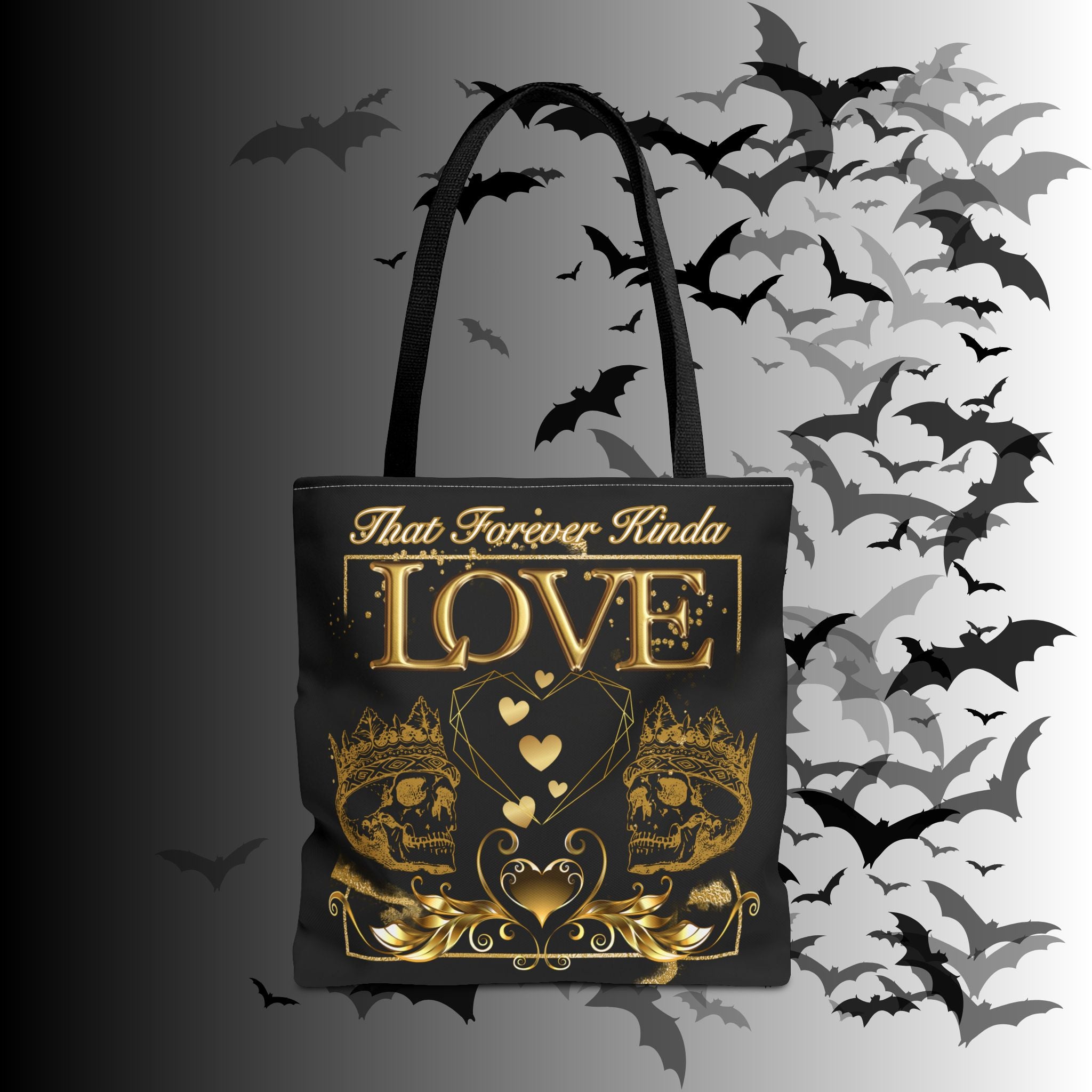 "That Forever Kinda Love" Gothic Skull Crown Tote Bag — Dark Romance Gold Print