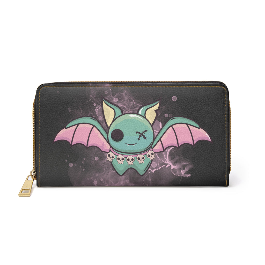 Pastel Goth Kawaii Bat Skull Wallet | Spooky Teal Faux Leather Zipper Clutch