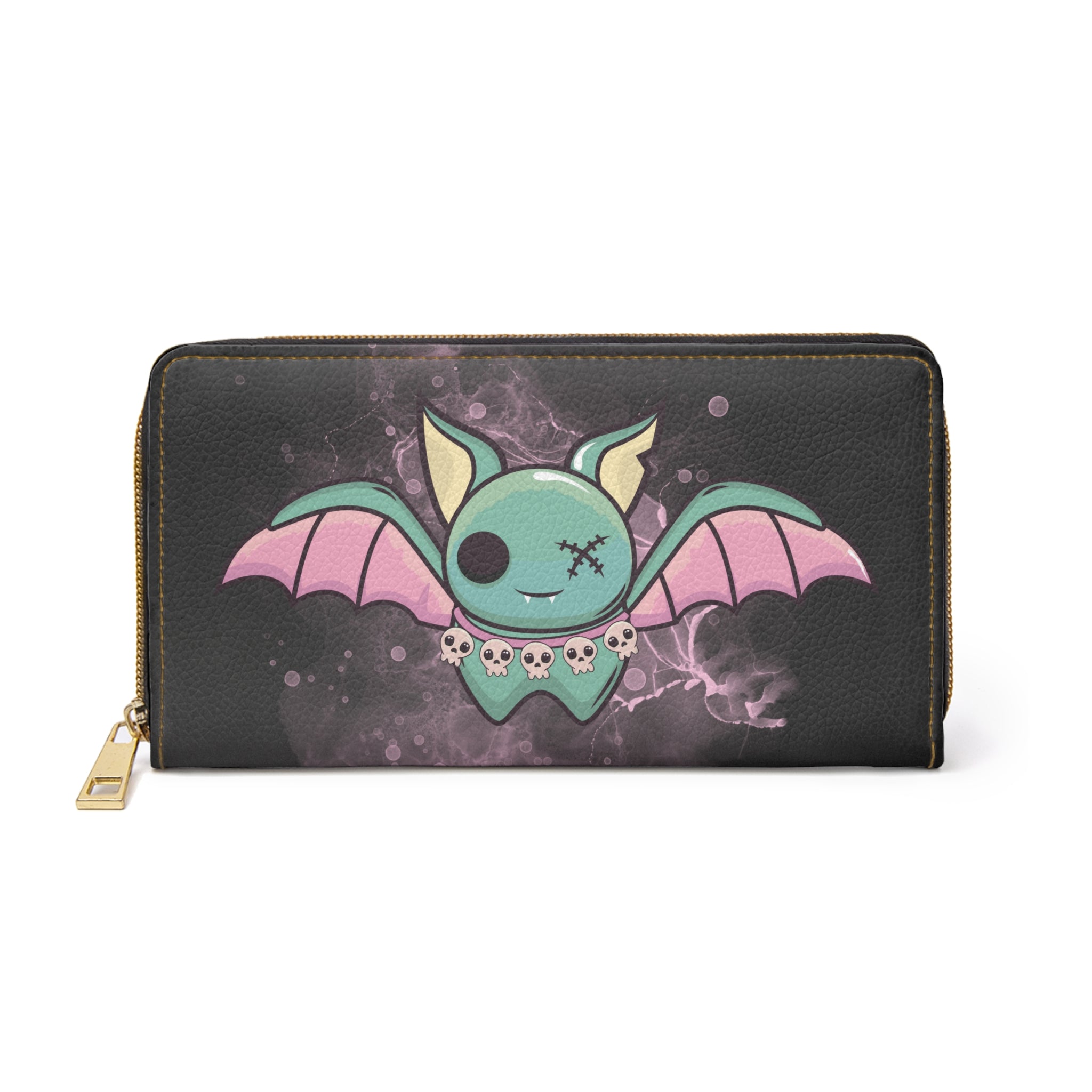 Pastel Goth Kawaii Bat Skull Wallet | Spooky Teal Faux Leather Zipper Clutch