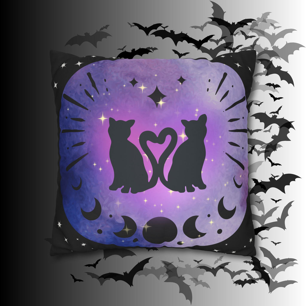 Lunar Love Cats Moon Phases Throw Pillow — Celestial Gothic Dark Home Decor