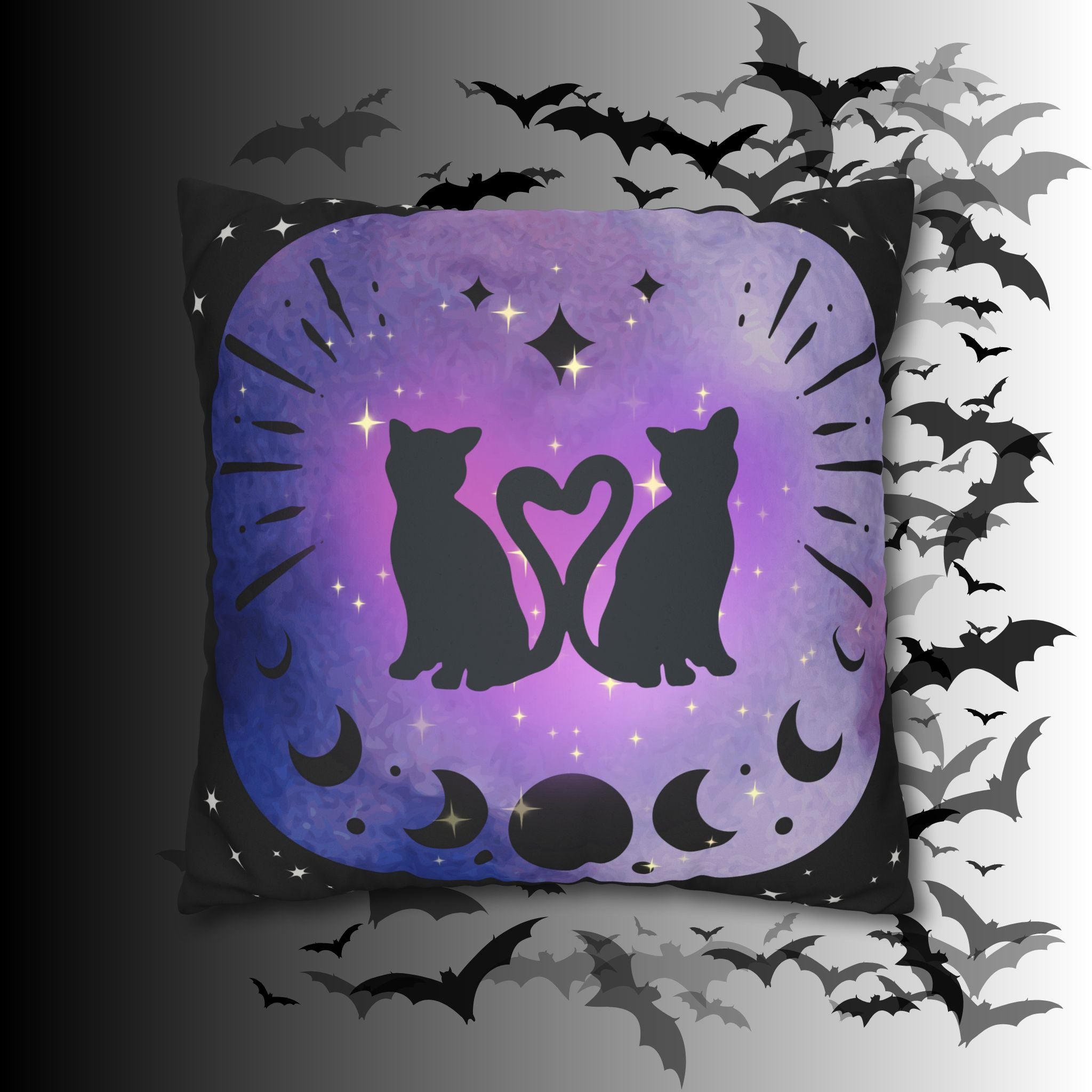 Lunar Love Cats Moon Phases Throw Pillow — Celestial Gothic Dark Home Decor