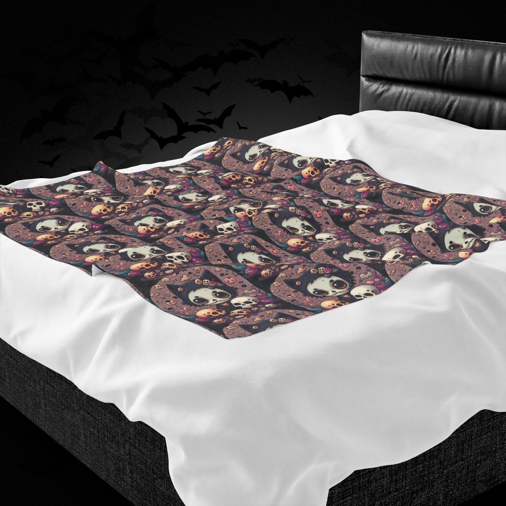 Kawaii Skull Cat Throw Blanket — Creepy Cute Gothic Home Decor