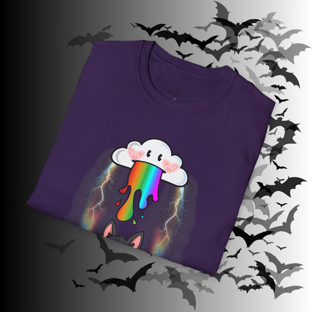 Rainbow Vomit Cloud Bat T-Shirt — Kawaii Goth Pride Unisex Tee