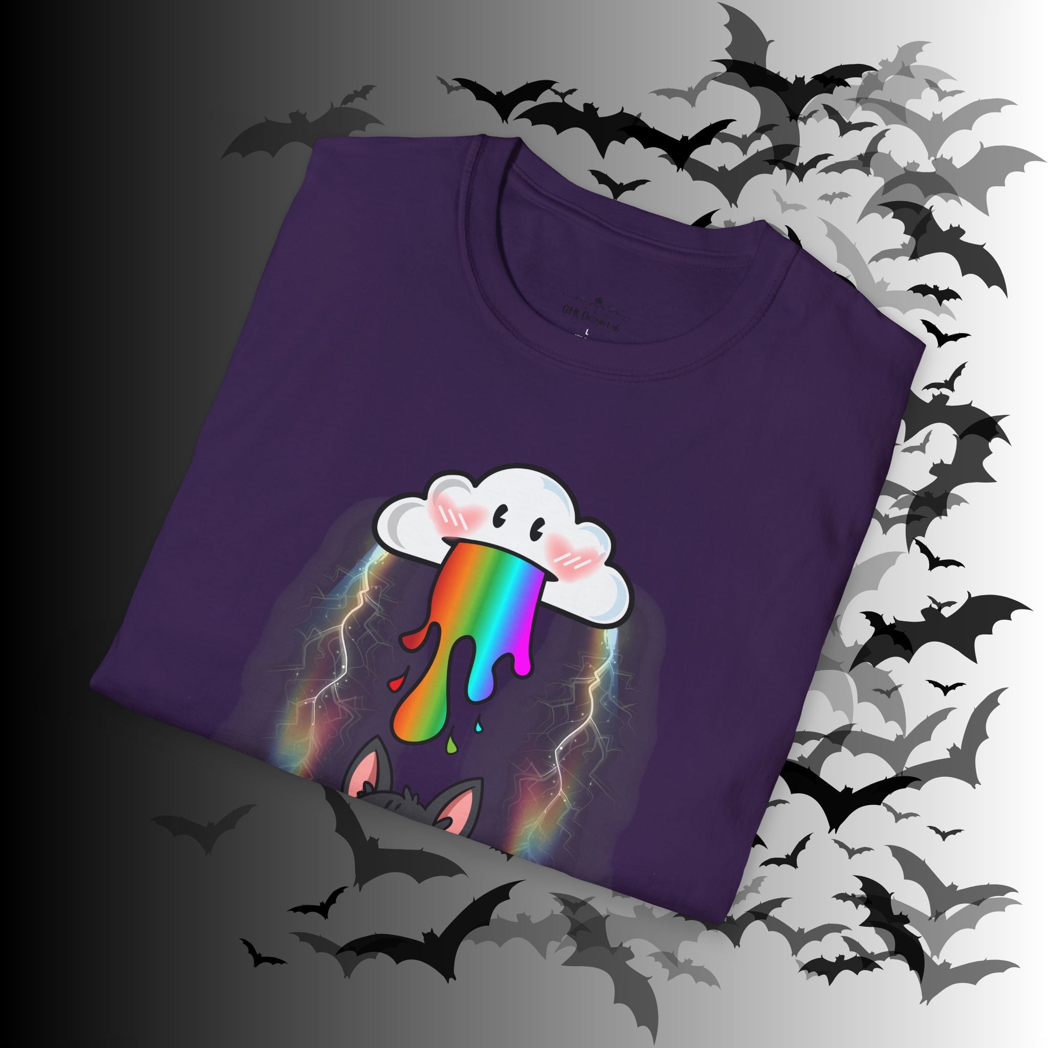 Rainbow Vomit Cloud Bat T-Shirt — Kawaii Goth Pride Unisex Tee