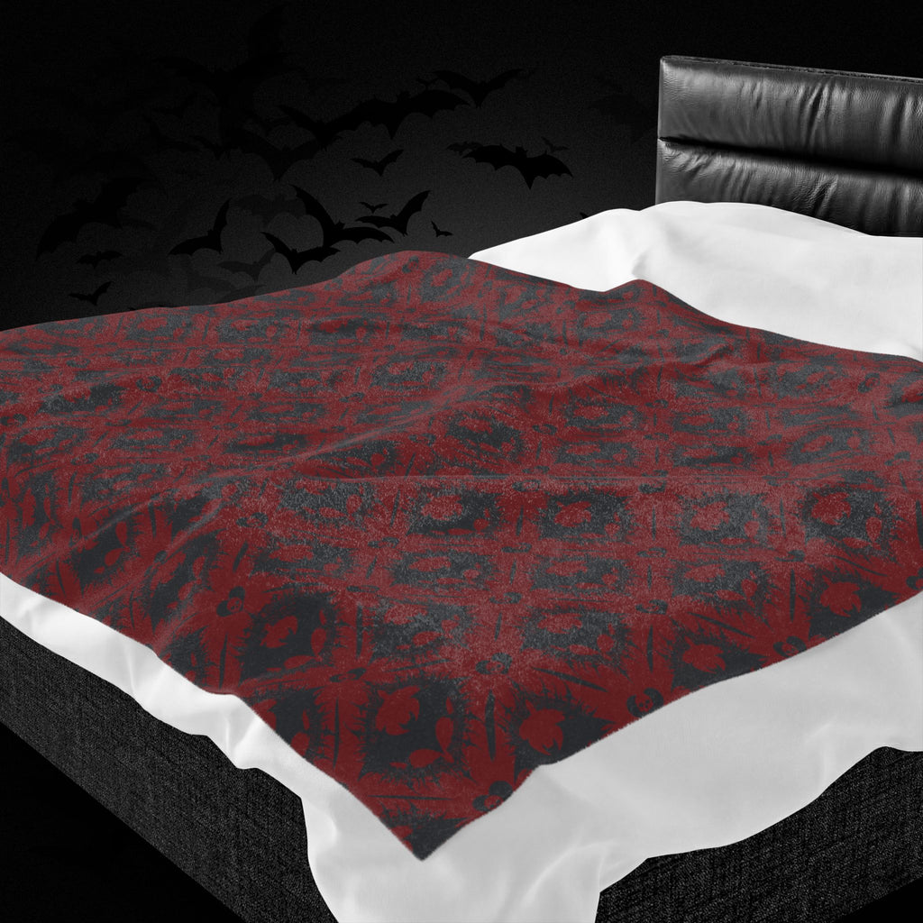 Gothic Bat & Skull Heart Throw Blanket — Crimson Red Colorway