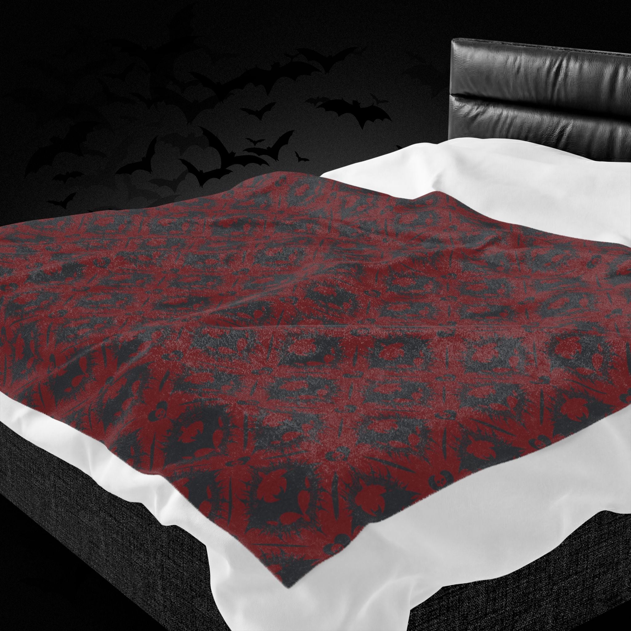 Gothic Bat & Skull Heart Throw Blanket — Crimson Red Colorway