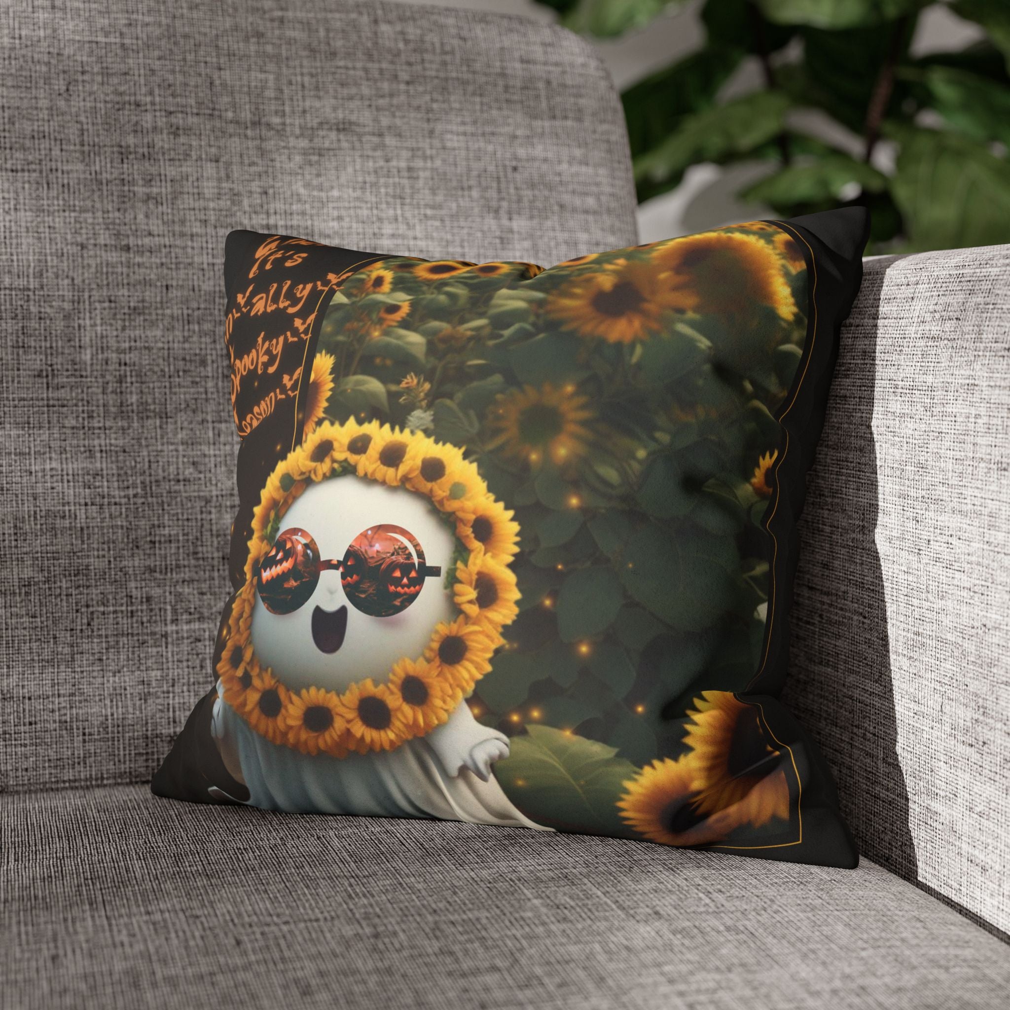 Spooky Season Ghost Sunflower Throw Pillow — Halloween Dark Home Decor