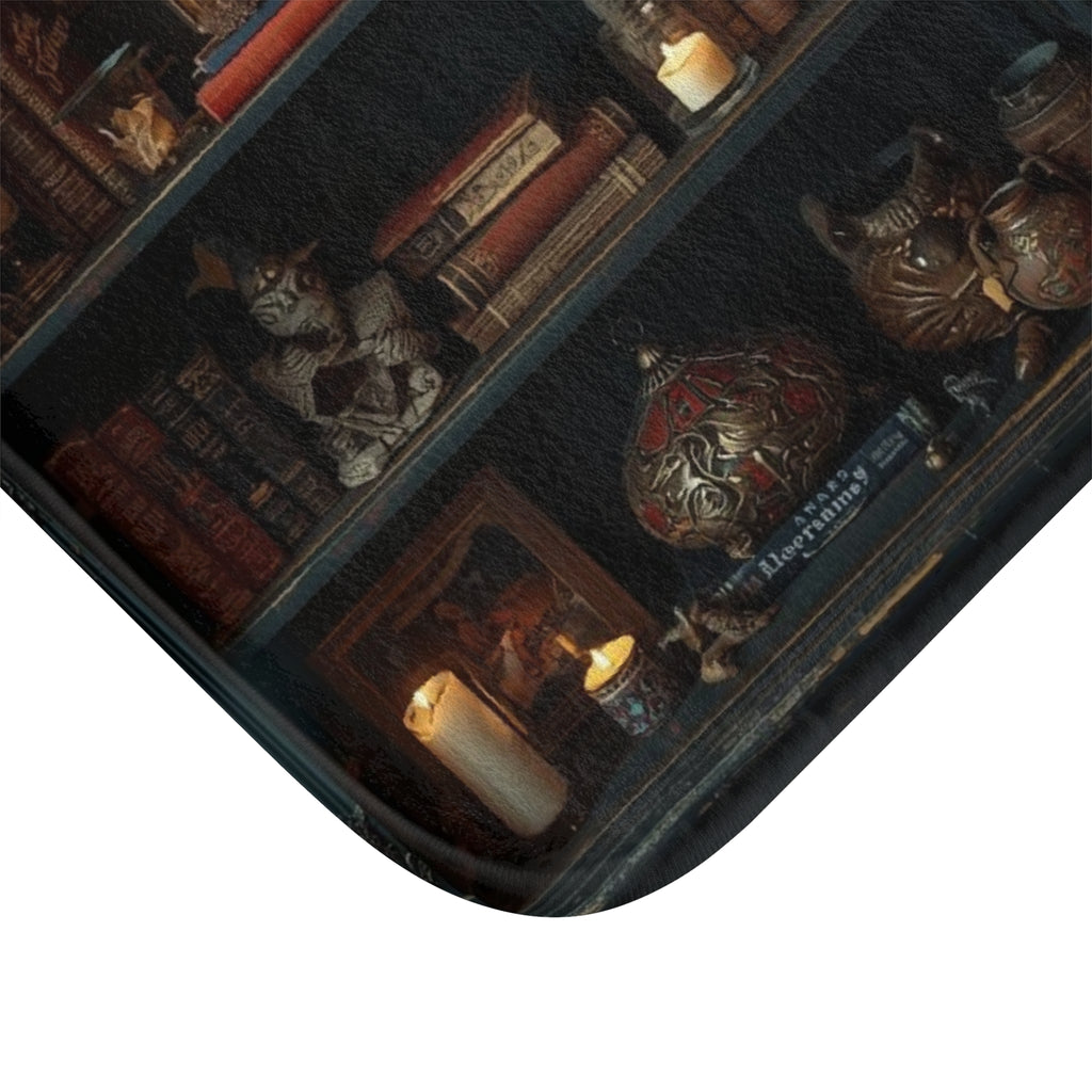 Whimsigoth Ghost Bookcase Bath Mat — Dark Academia Gothic Library Bathroom Decor