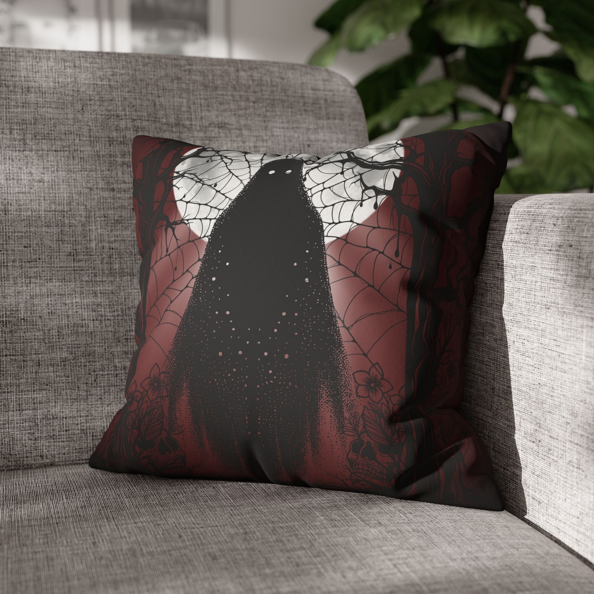 Gothic Ghost Cobweb Moon Throw Pillow — Spooky Halloween Dark Home Decor