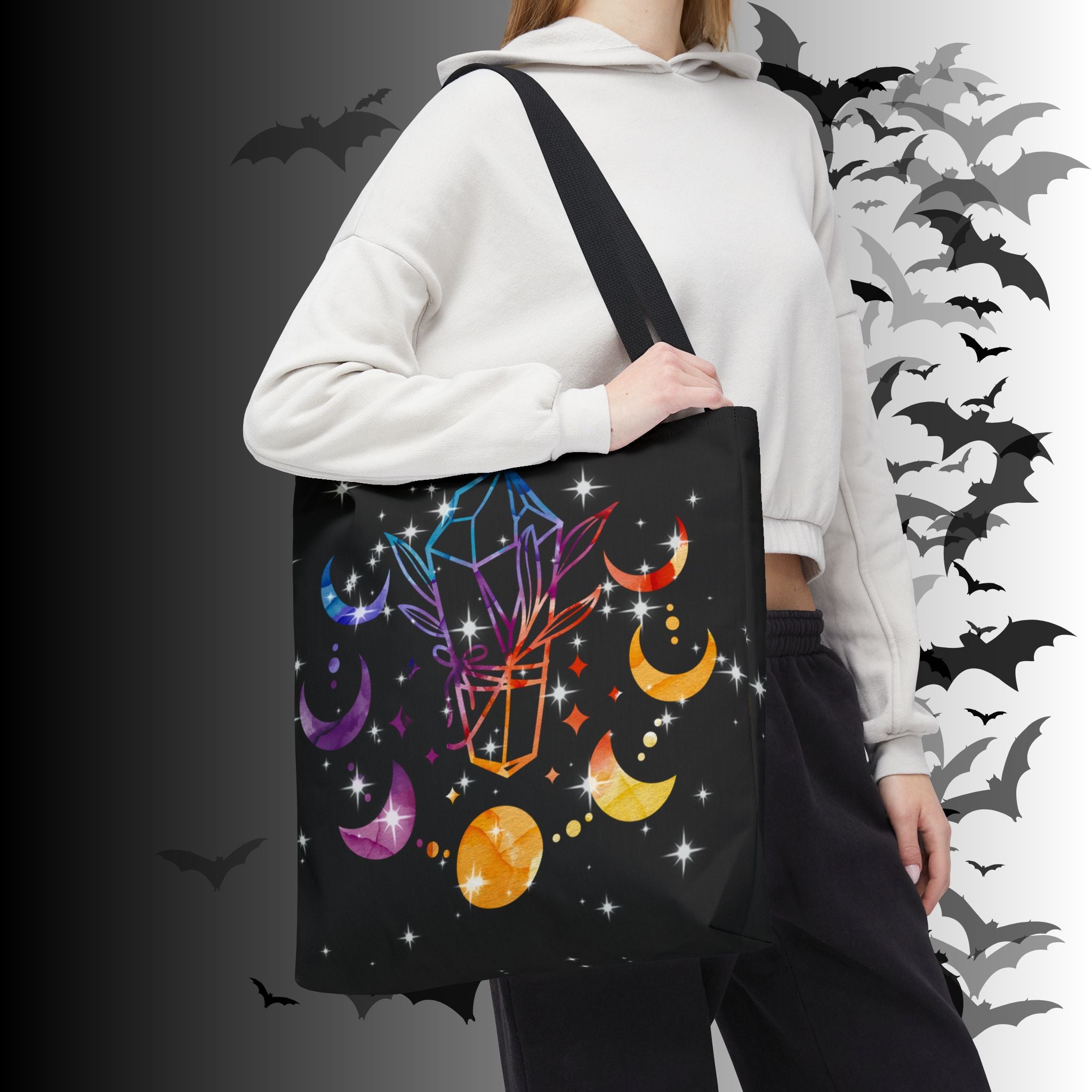 Rainbow Crystal Moon Phase Tote Bag — Celestial Witchy Print