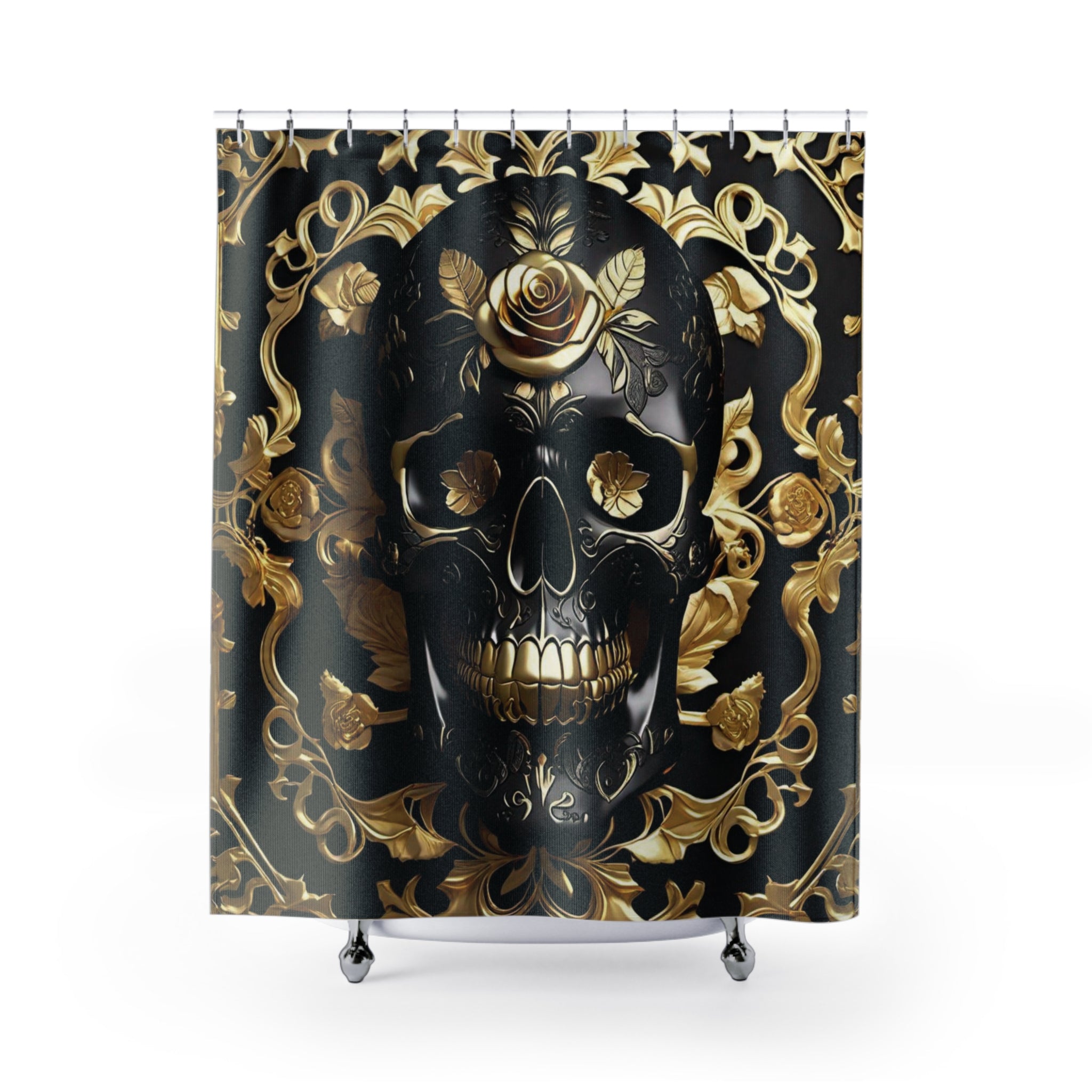Gothic Black & Gold Skull Shower Curtain — Luxury Baroque Bathroom Decor