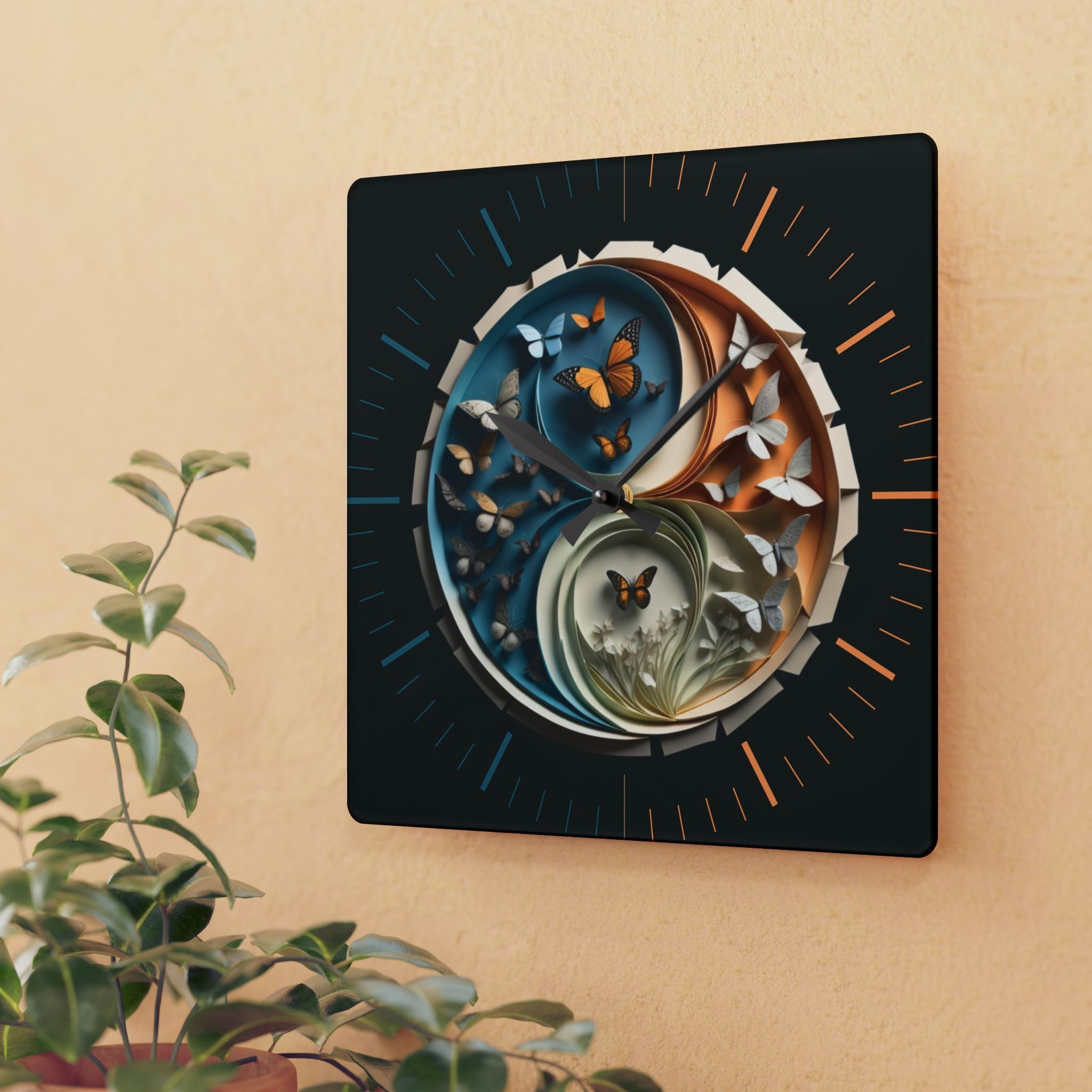 Origami Style Yin Yang Butterfly Acrylic Art Print Wall Clock Teal Orange — NOT Real Origami, Zen Home Decor