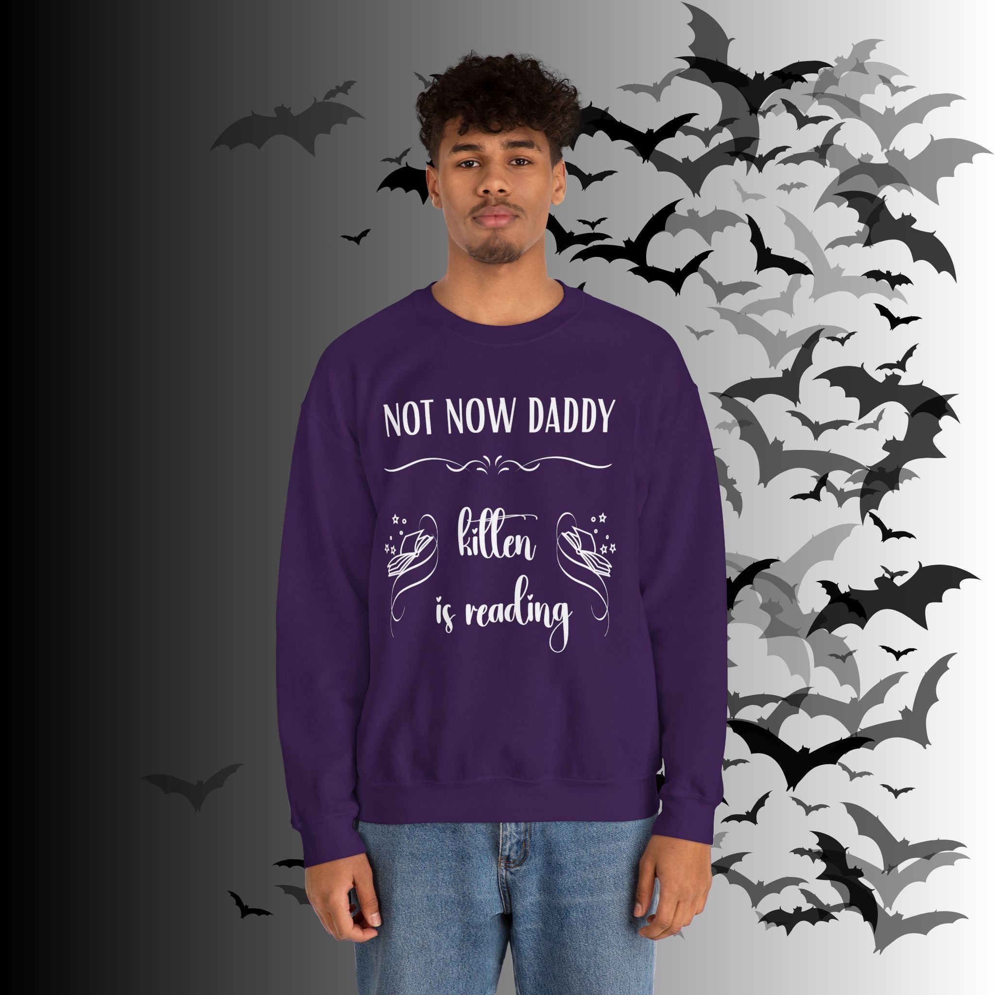 Not Now Daddy Kitten Is Reading Crewneck Sweatshirt — Funny Book Lover