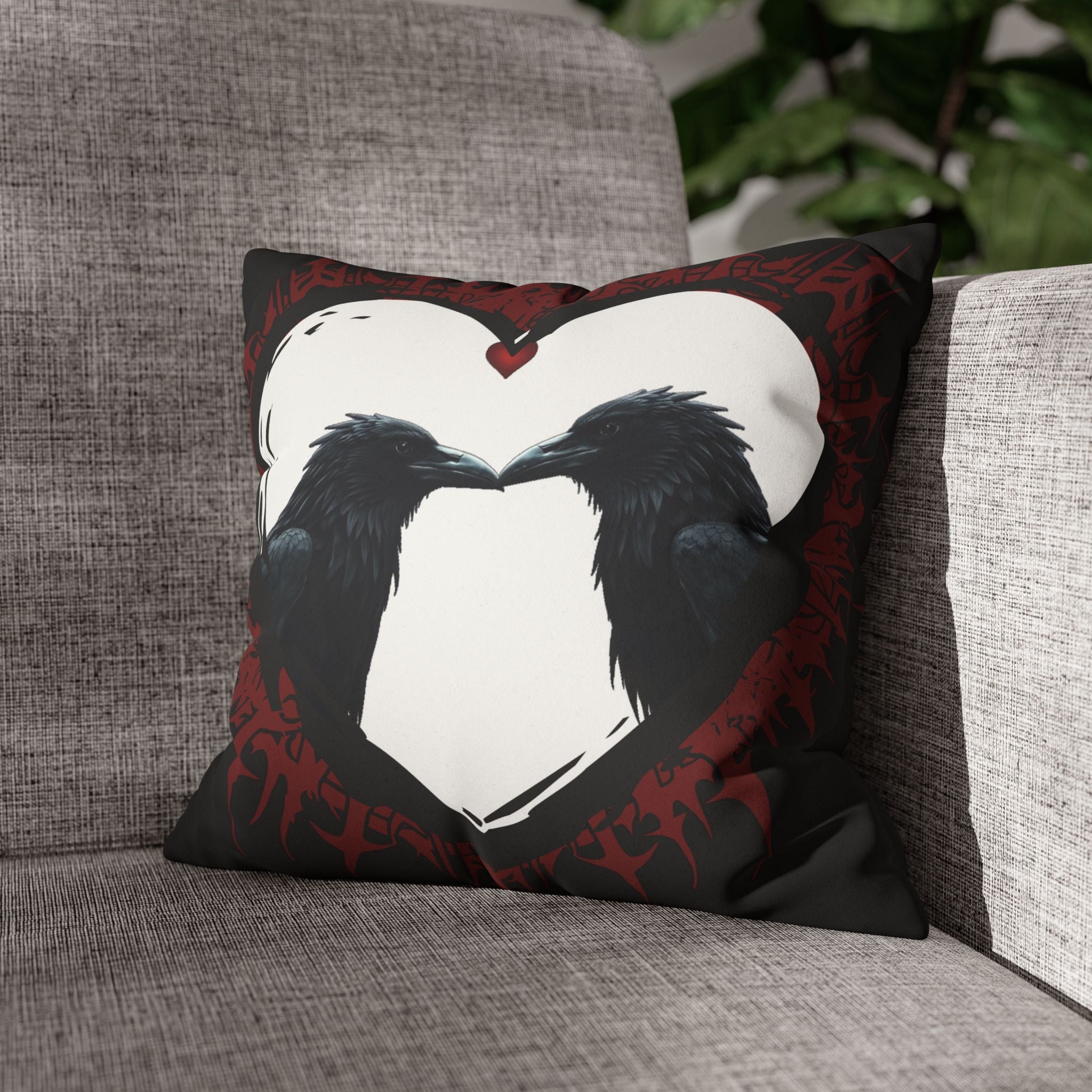 Gothic Ravens Love Heart Throw Pillow — Dark Valentine Gothic Home Decor