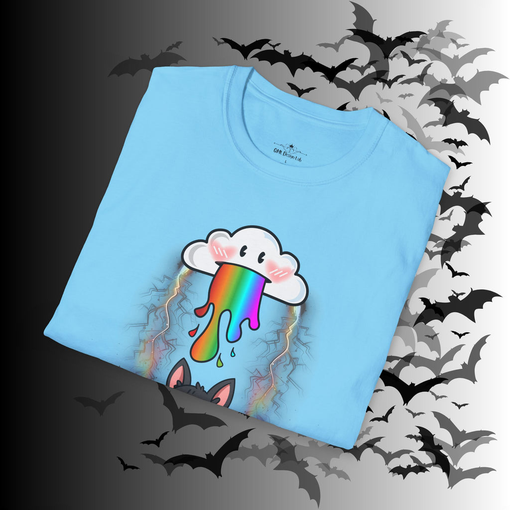 Rainbow Vomit Cloud Bat T-Shirt — Kawaii Goth Pride Unisex Tee
