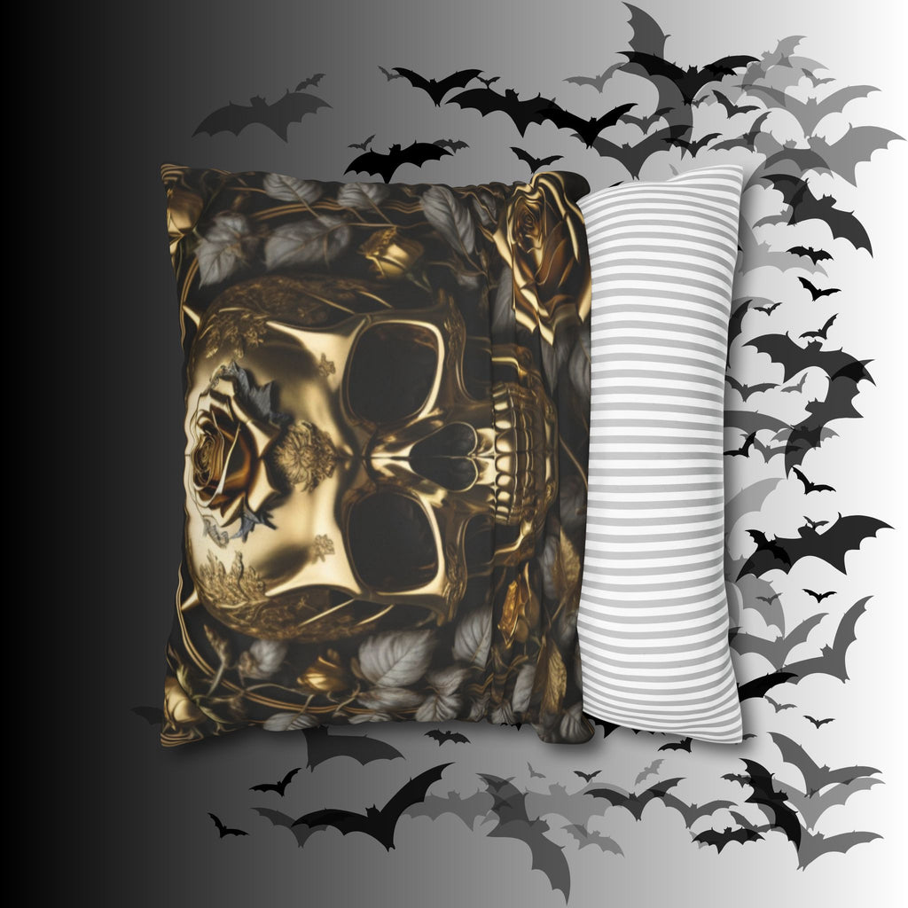 Gothic Gold Black Rose Skull Throw Pillow — Dark Floral Botanical Home Decor