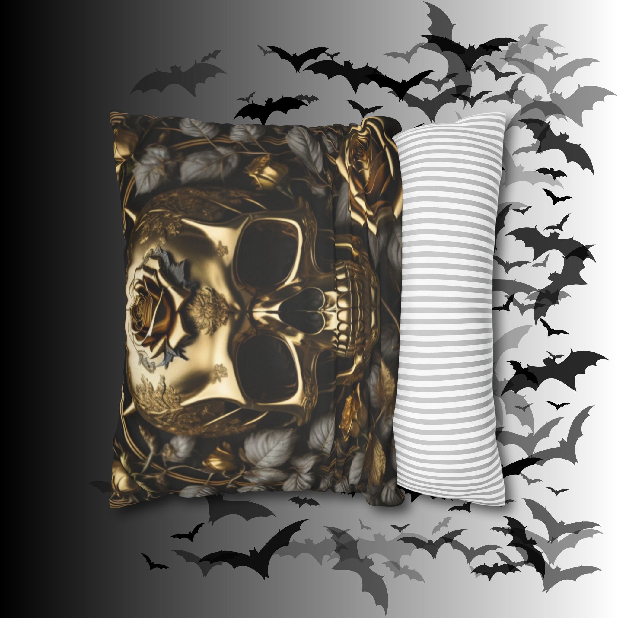 Gothic Gold Black Rose Skull Throw Pillow — Dark Floral Botanical Home Decor