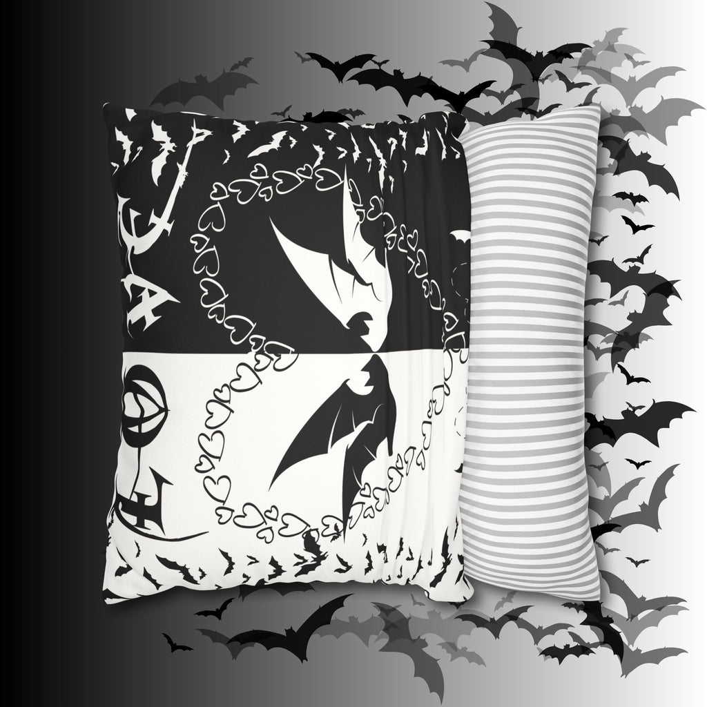 Gothic Bats Heart Throw Pillow — Black White Halloween Dark Home Decor