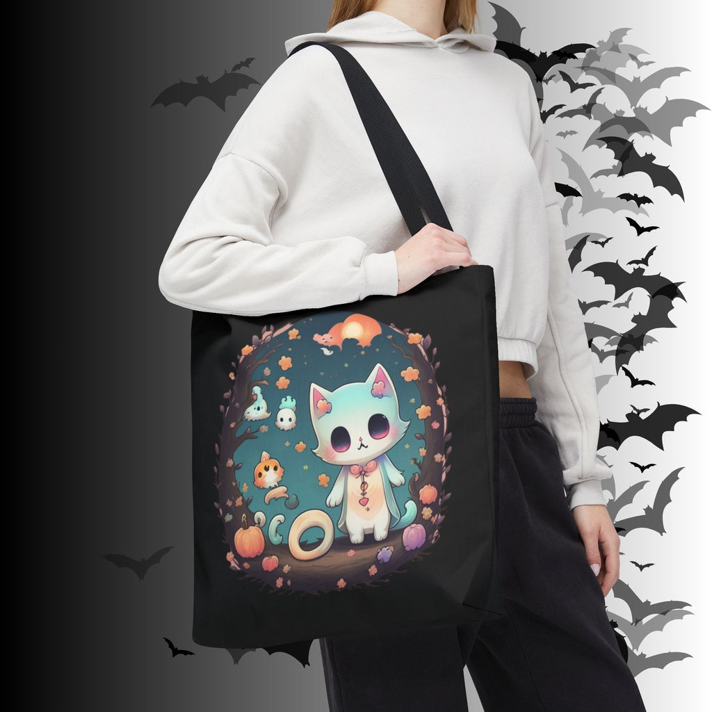 Pastel Goth Kawaii Cat Halloween Tote Bag — Moonlit Forest Scene