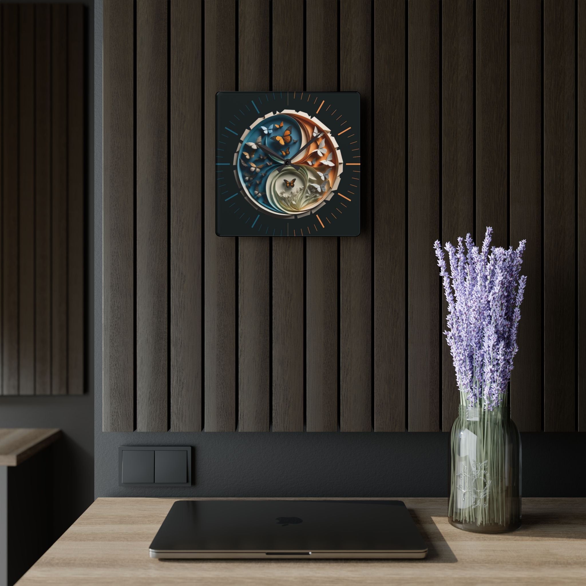 Origami Style Yin Yang Butterfly Acrylic Art Print Wall Clock Teal Orange — NOT Real Origami, Zen Home Decor