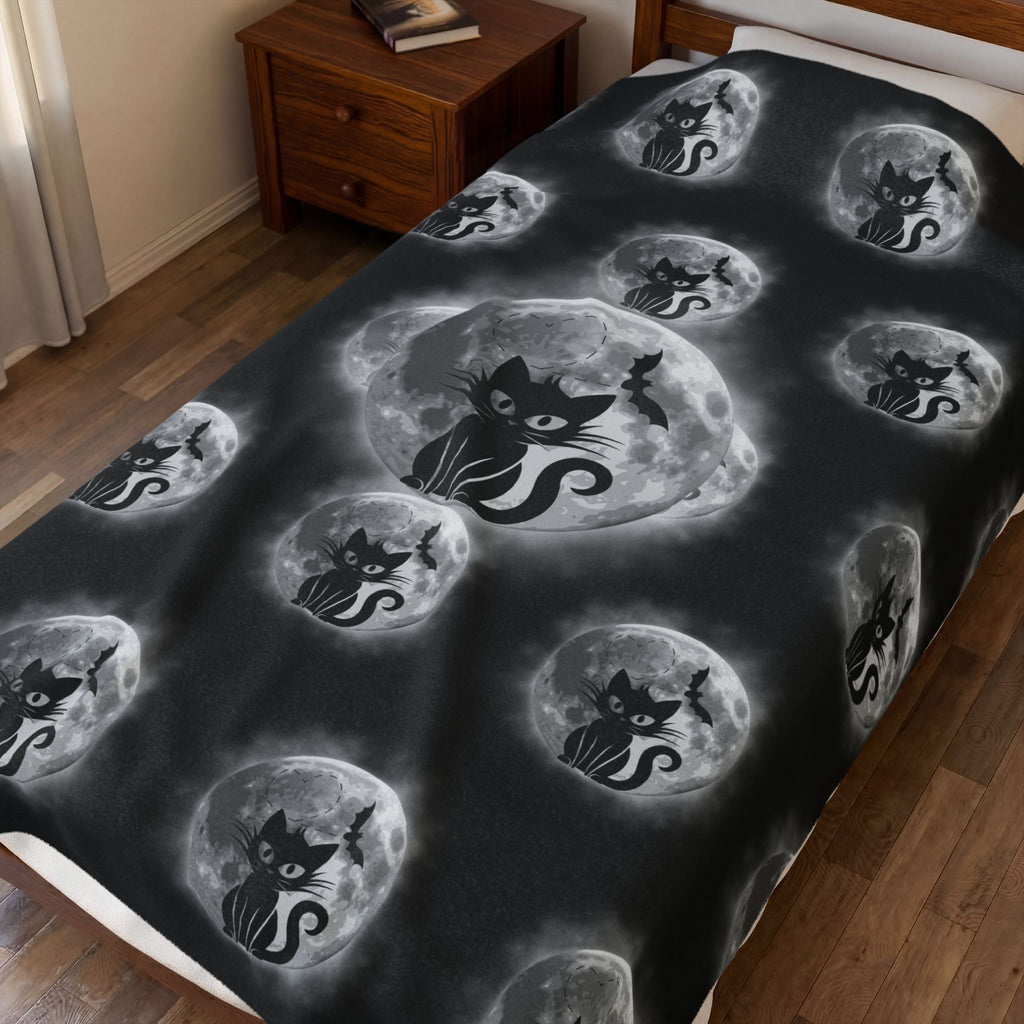 Gothic Black Cat Throw Blanket — Full Moon Bat Dark Home Decor