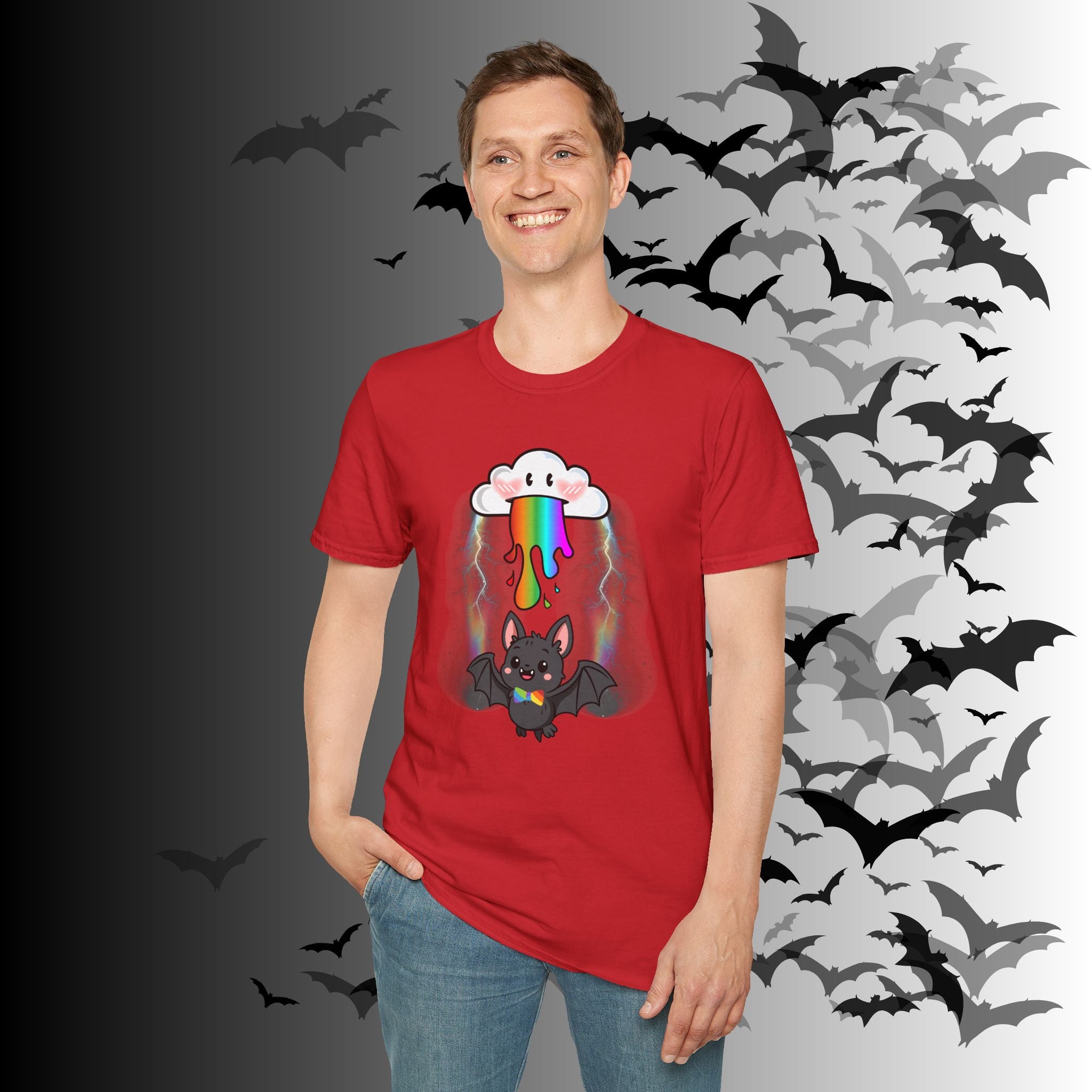 Rainbow Vomit Cloud Bat T-Shirt — Kawaii Goth Pride Unisex Tee
