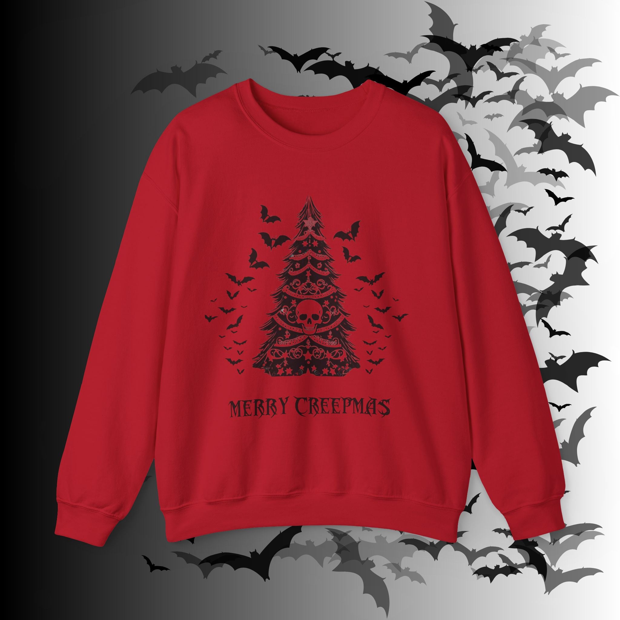 Merry Creepmas Tree Crewneck Sweatshirt — Gothic Christmas Skull Bat