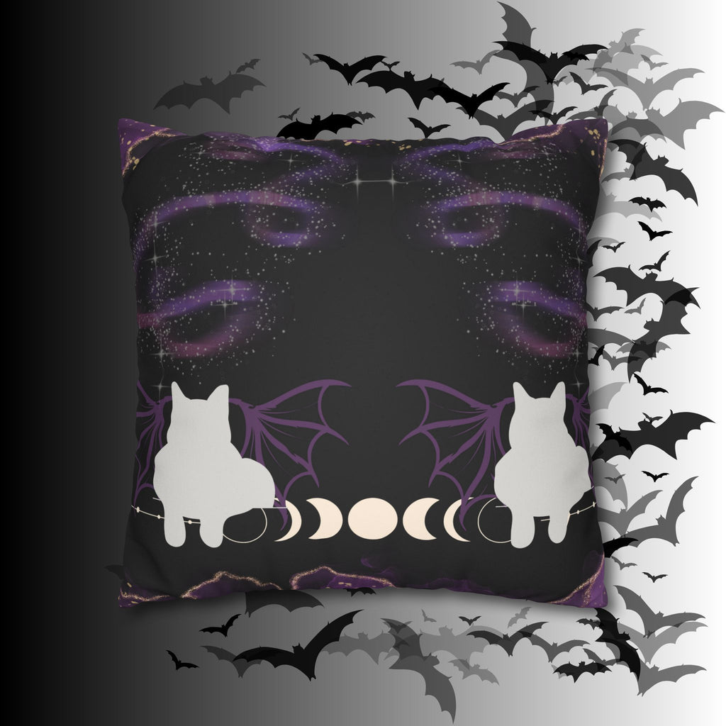 Gothic Bat Wing Cat Moon Phases Throw Pillow — Purple Celestial Dark Home Decor