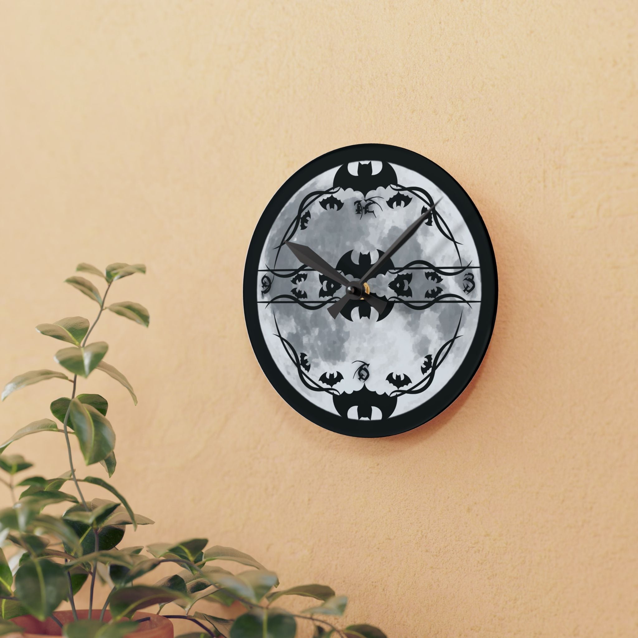 Gothic Bats Full Moon Wall Clock — Halloween Acrylic Art Print Home Decor