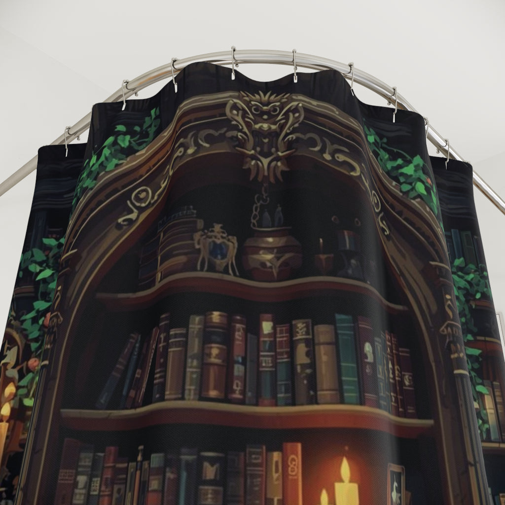 Whimsical Bookcase Shower Curtain — Dark Fantasy Library Bathroom Decor
