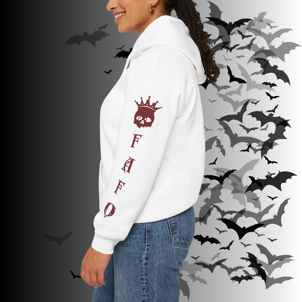 I Identify As a Threat Hoodie — Gothic Skull Sleeve Print Fuck Around Find Out
