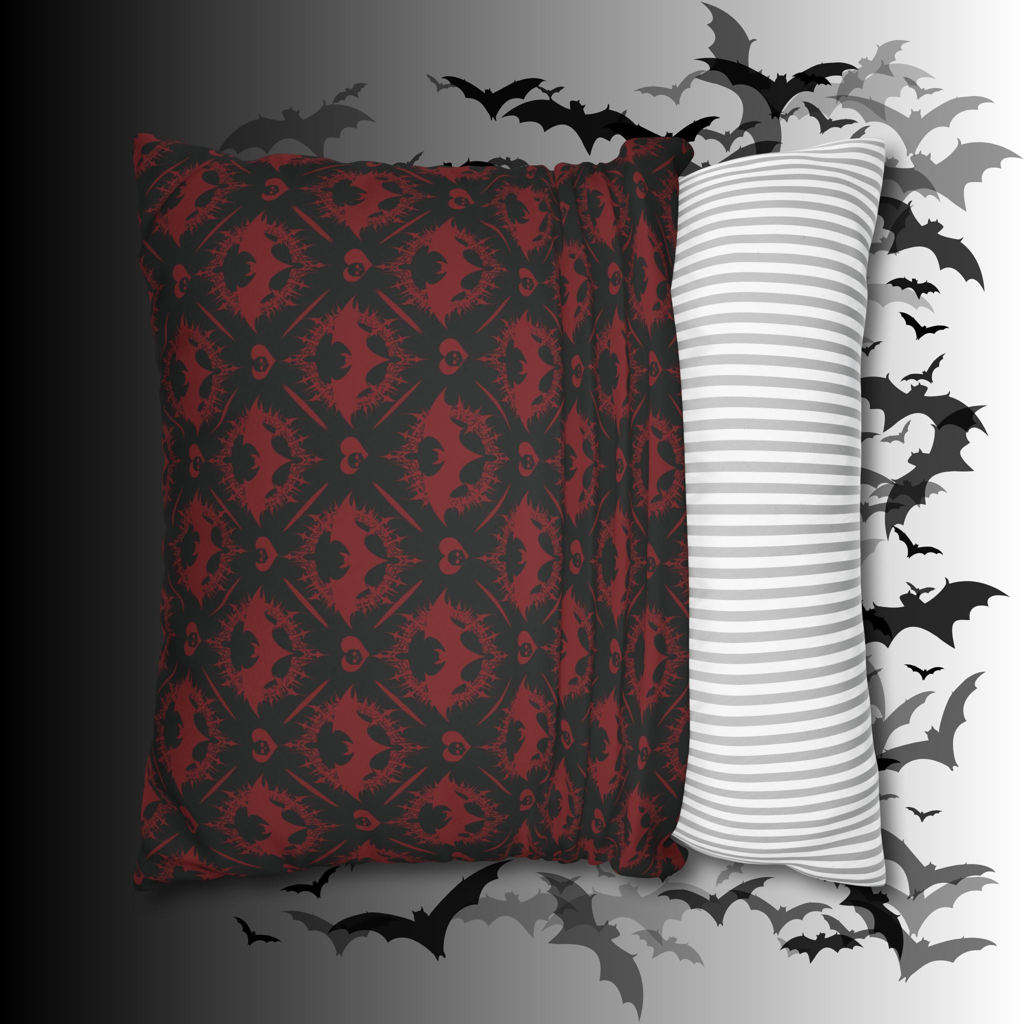Gothic Bat Diamond Pattern Throw Pillow — Midnight Black Dark Home Decor