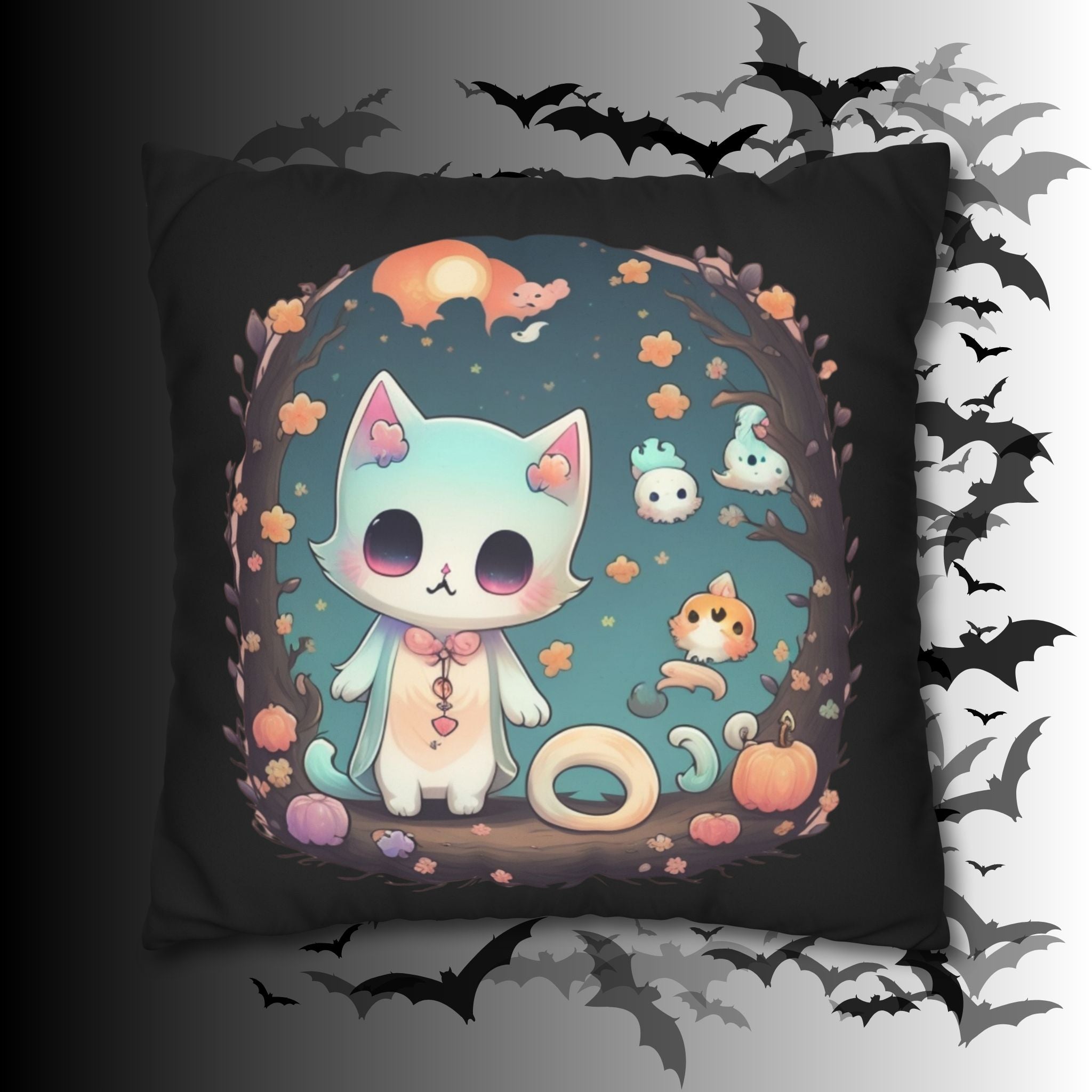 Creepy Cute Pastel Goth Cat Throw Pillow — Kawaii Halloween Dark Home Decor