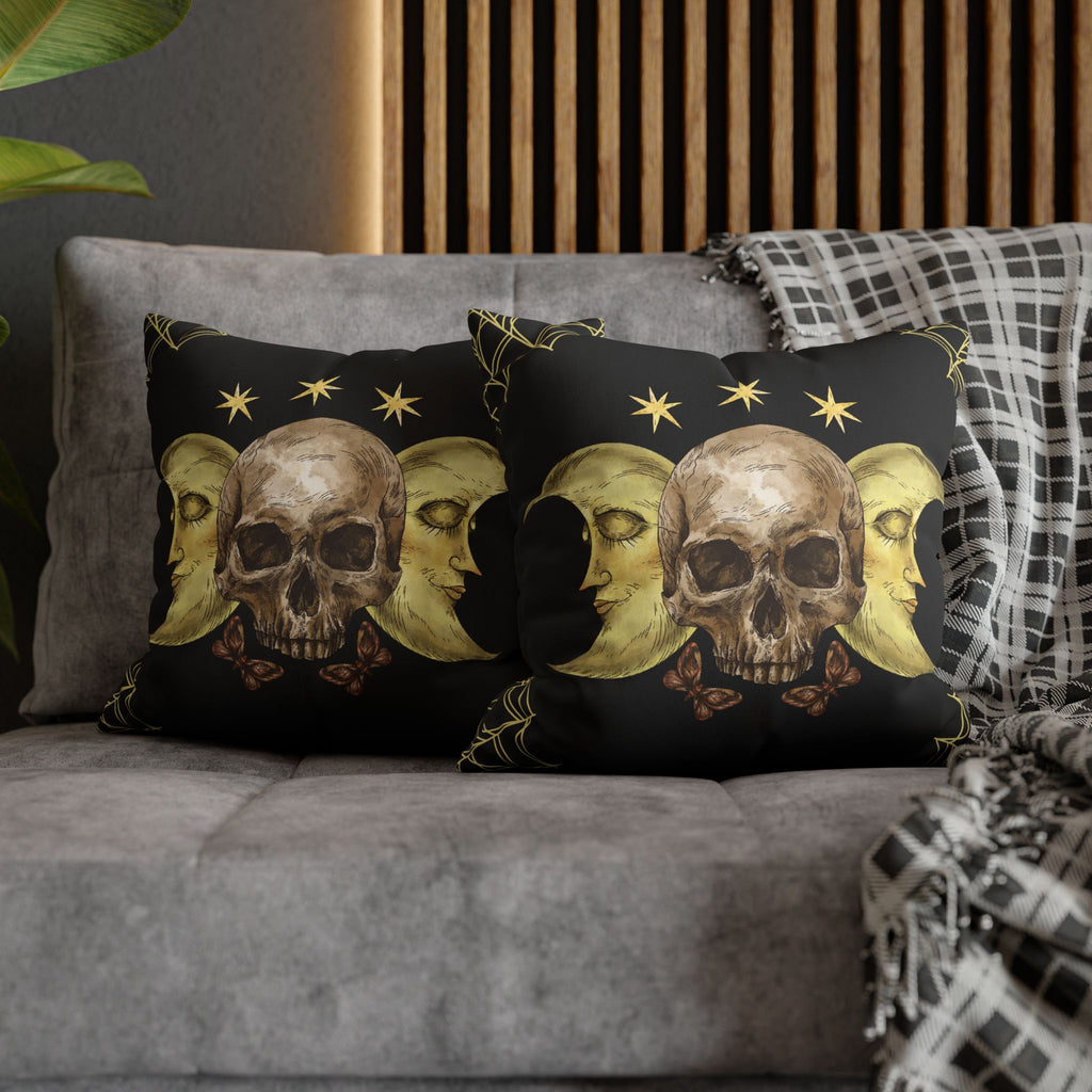 Gothic Moon Skull Throw Pillow — Celestial Dark Home Decor