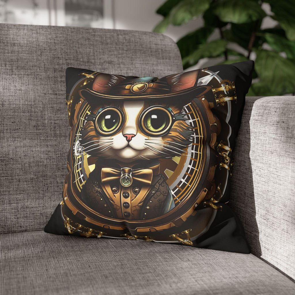 Steampunk Cat Throw Pillow — Vintage Industrial Gothic Home Decor