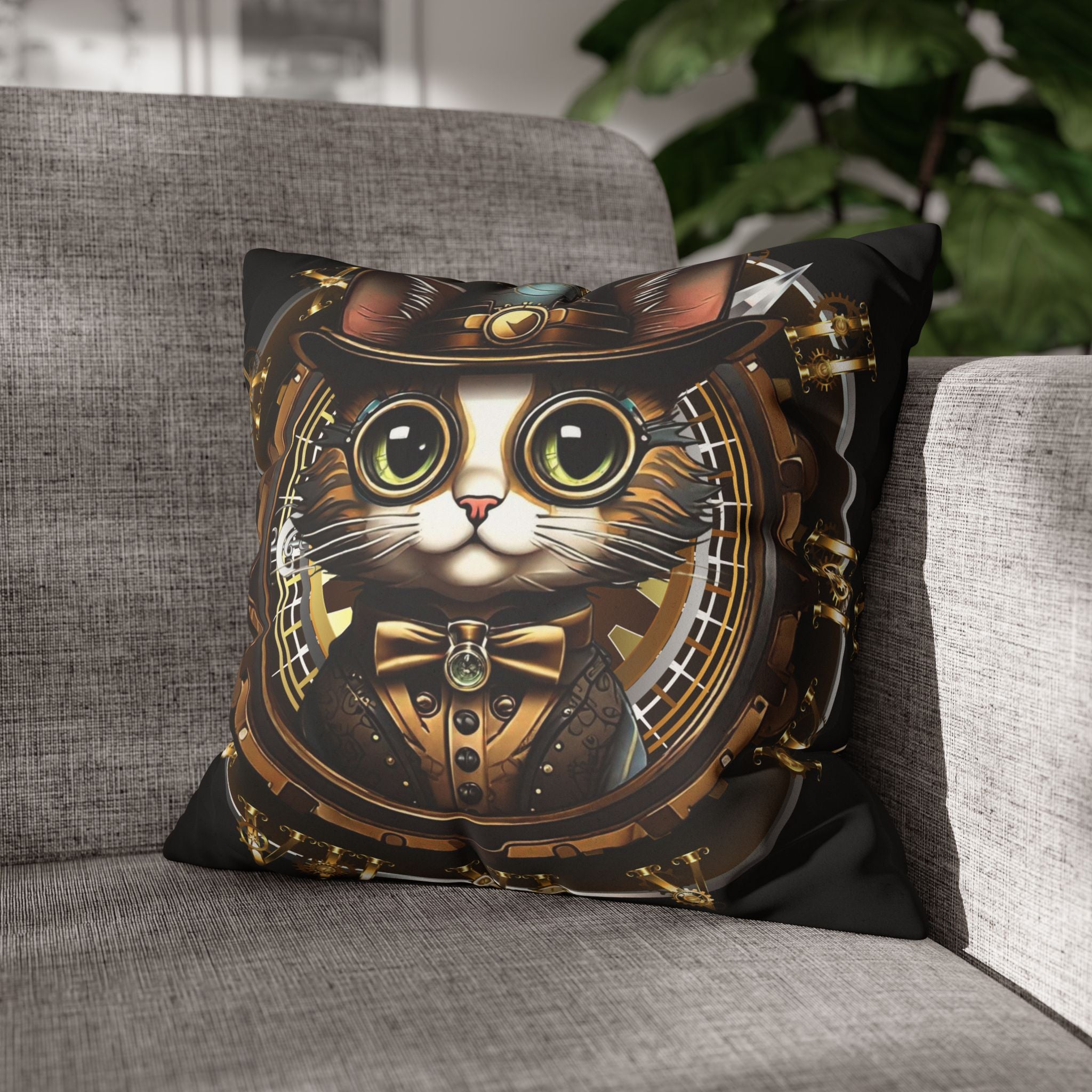 Steampunk Cat Throw Pillow — Vintage Industrial Gothic Home Decor