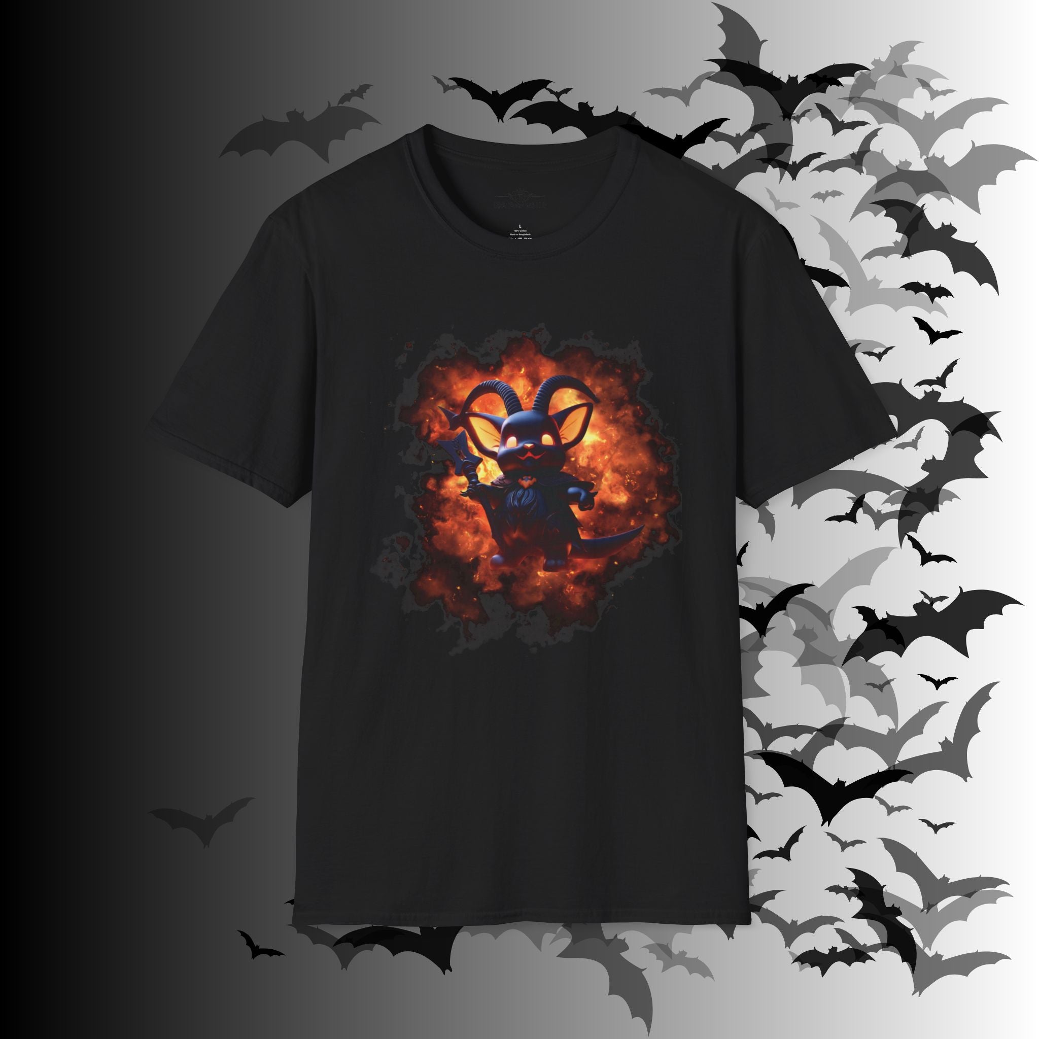 Black t-shirt with chibi Baphomet character with ram horns and scythe surrounded by orange and amber flames on a dark background