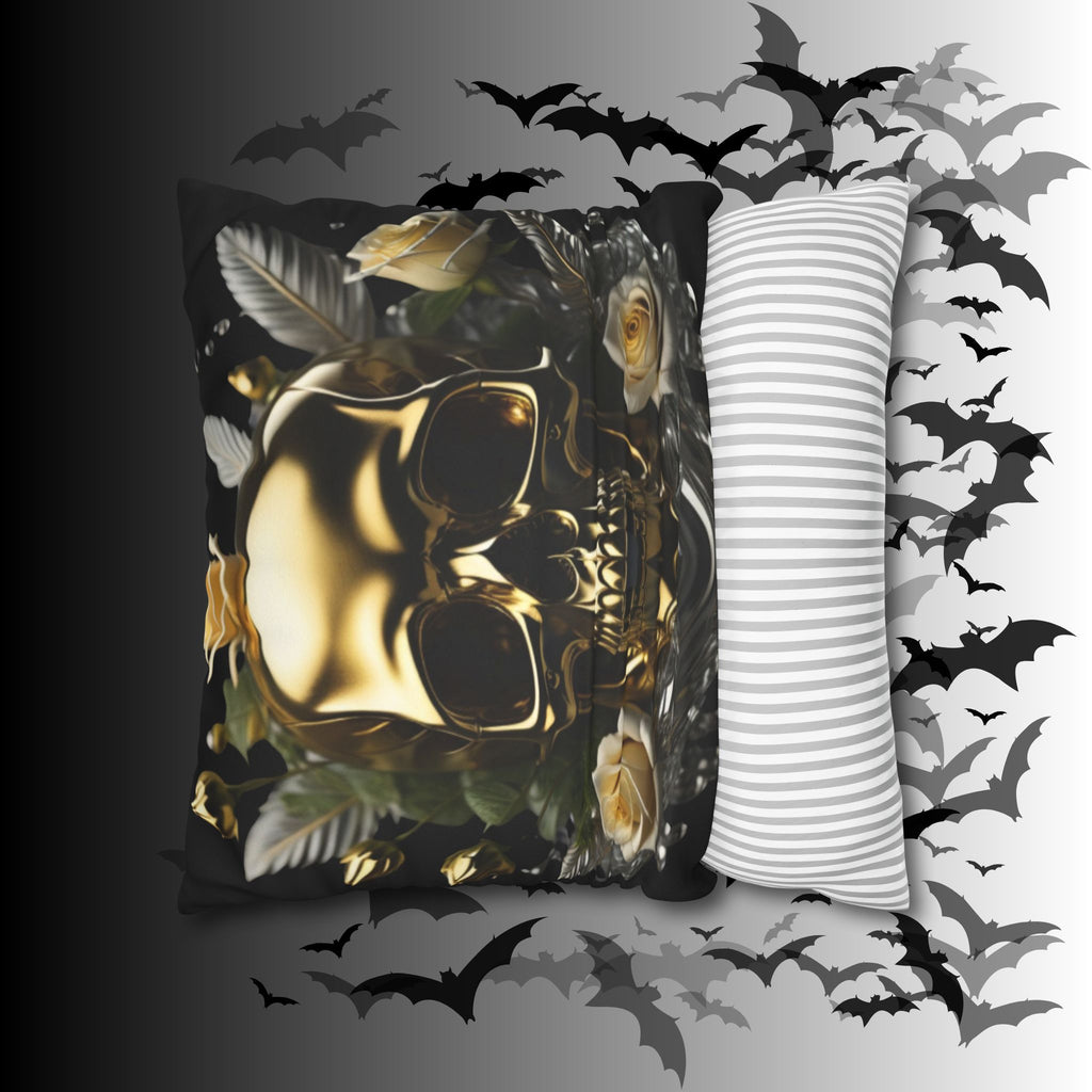Gold Skull Botanical Throw Pillow — Dark Floral Gothic Home Decor