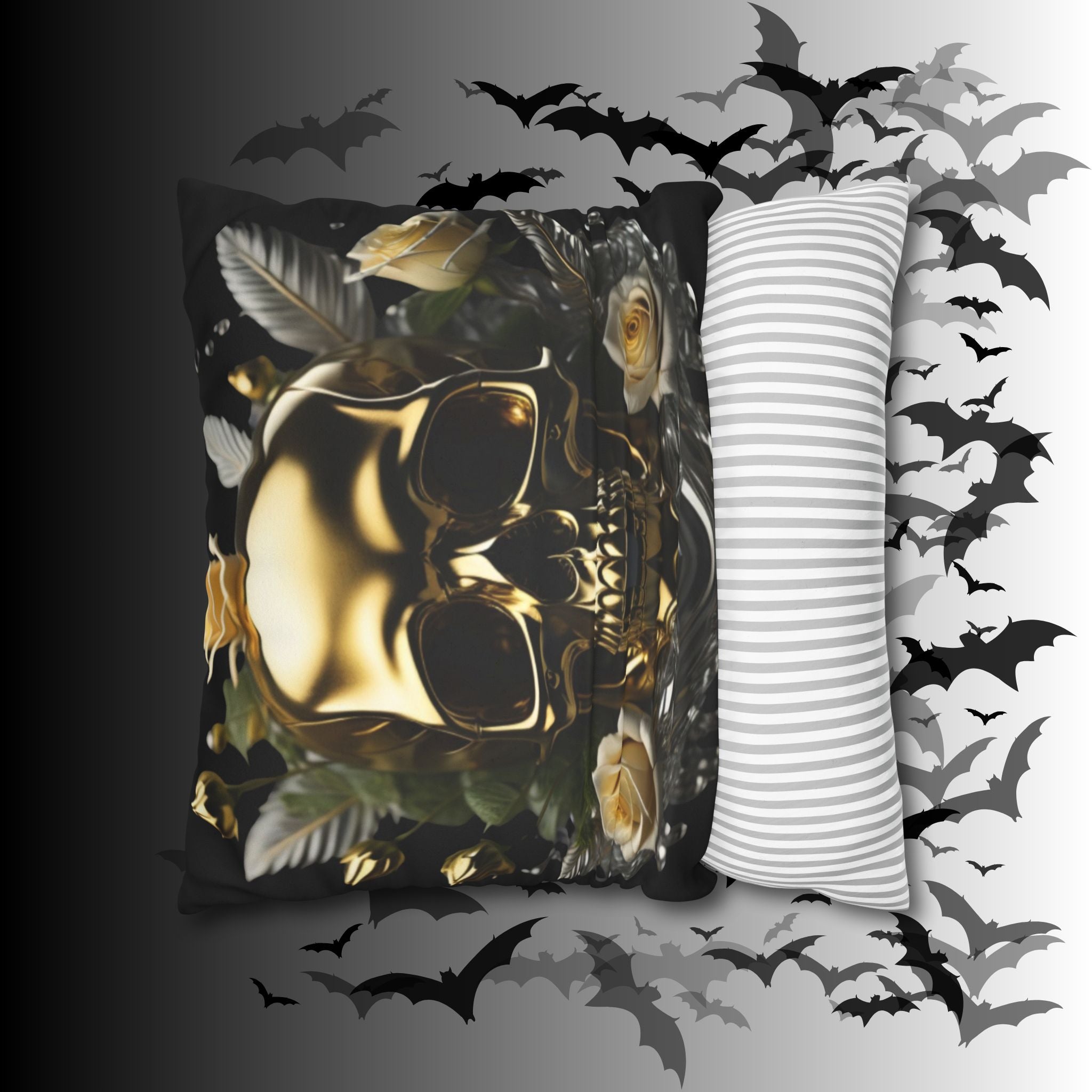 Gold Skull Botanical Throw Pillow — Dark Floral Gothic Home Decor