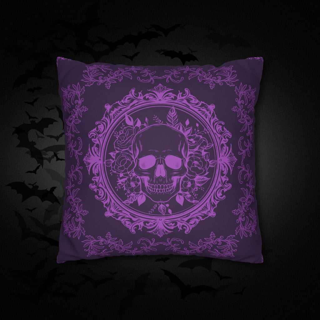 Purple Gothic Floral Skull Throw Pillow — Baroque Botanical Dark Home Decor
