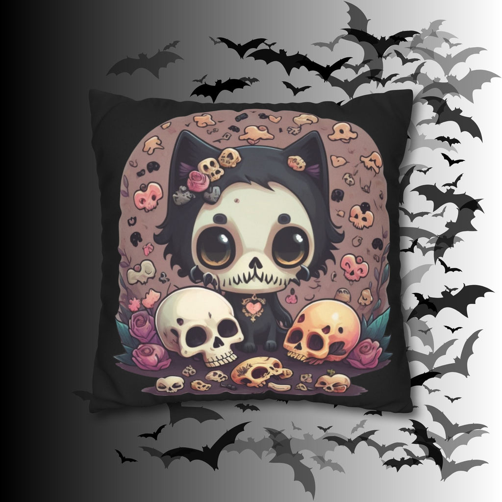 Gothic Skull Face Cat Throw Pillow — Creepy Cute Pastel Goth Home Decor