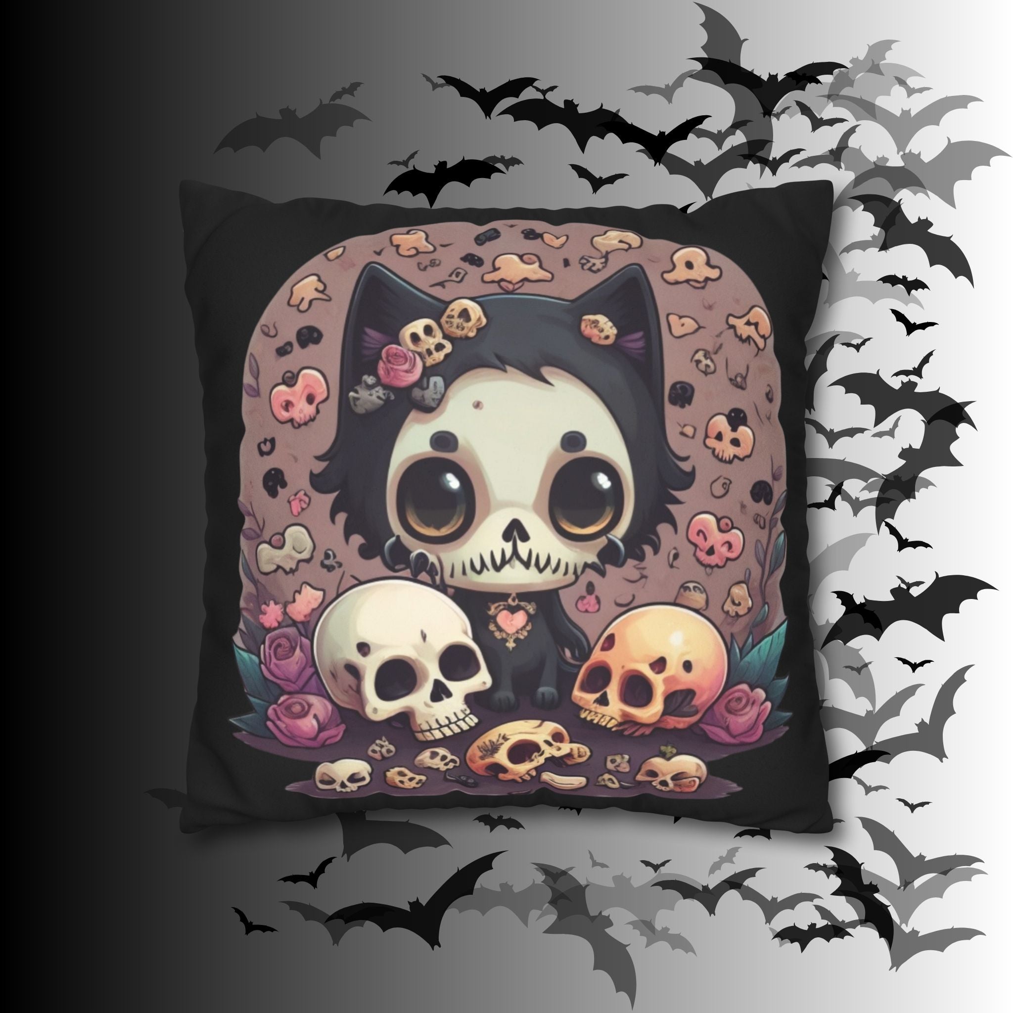 Gothic Skull Face Cat Throw Pillow — Creepy Cute Pastel Goth Home Decor