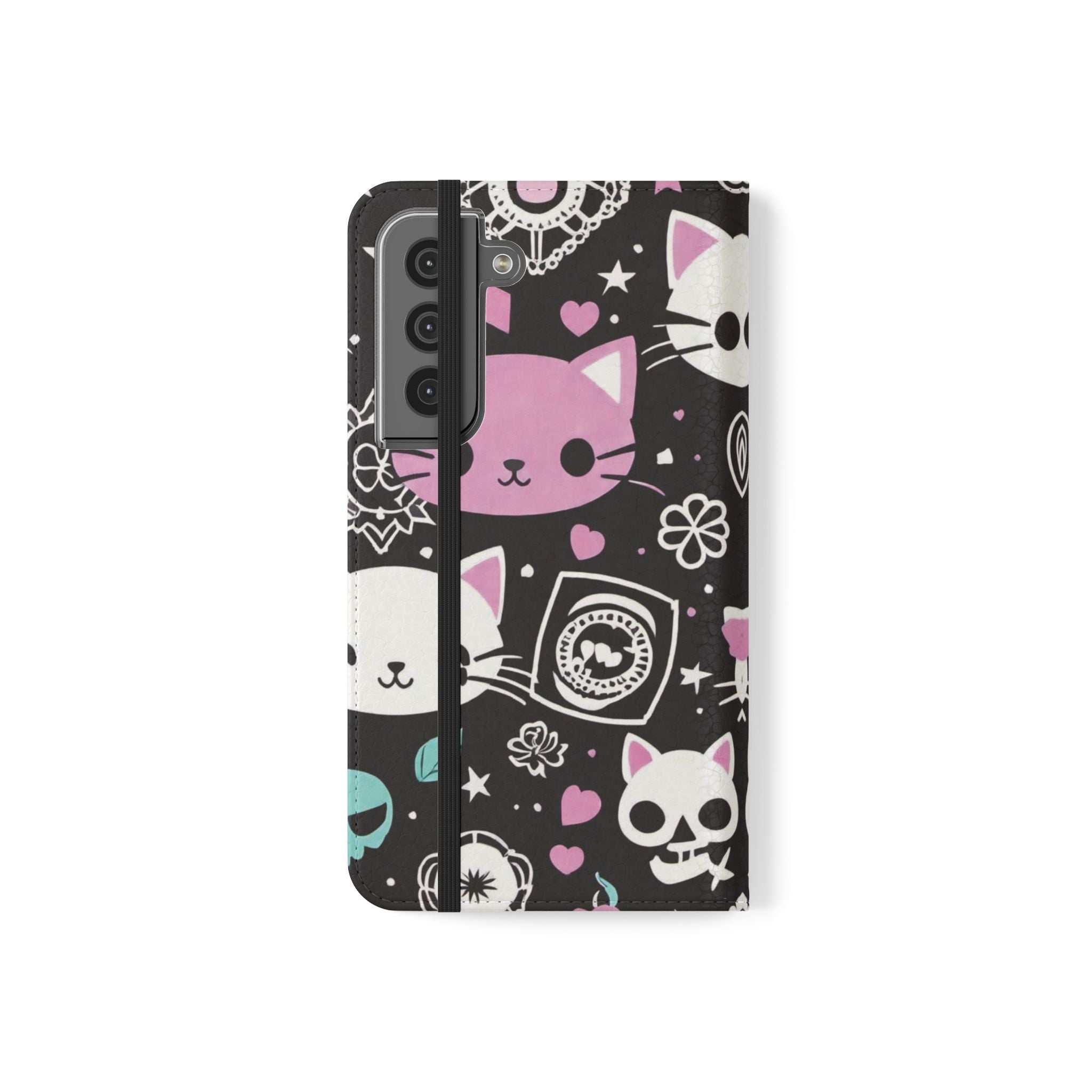 Pastel Goth Cat Flip Wallet Phone Case - Goth Cat Wallet Case for Samsung iPhone - Gothic Style Cats Wallet Phone Cases