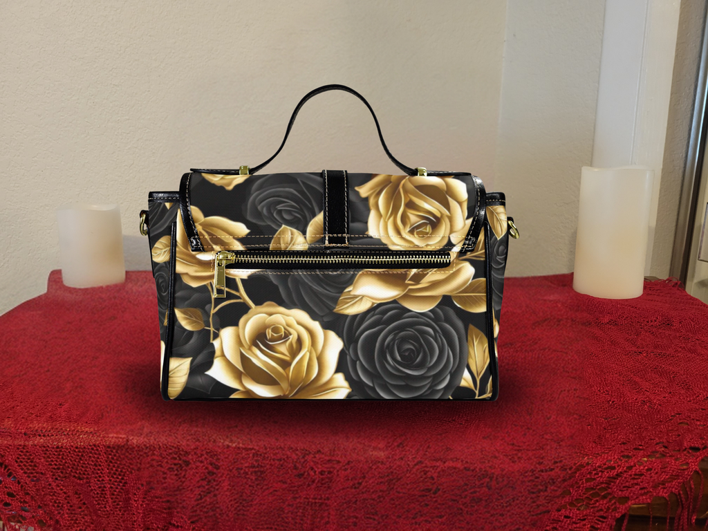 Gold and Black Rose Crossbody Satchel Bag — Waterproof Canvas Shoulder Bag