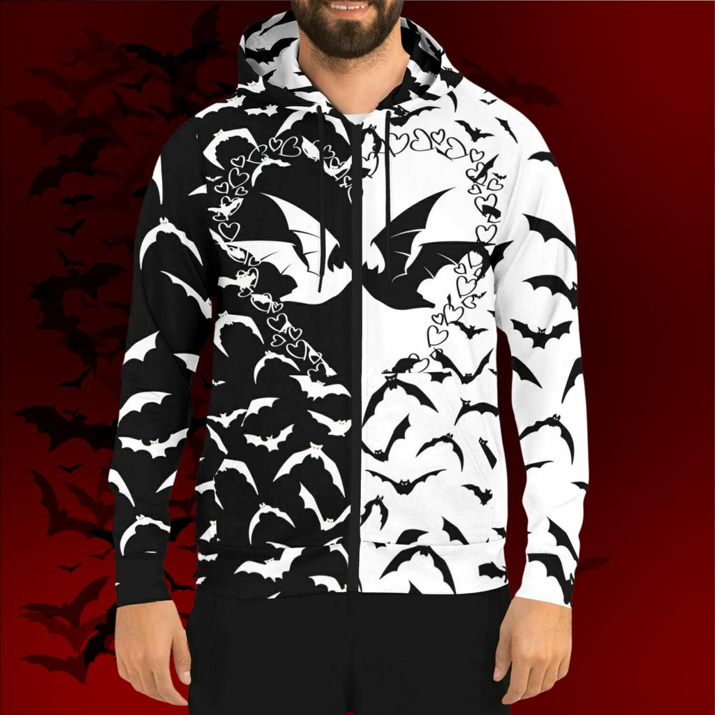 Black & White Bat All Over Print Zip Hoodie