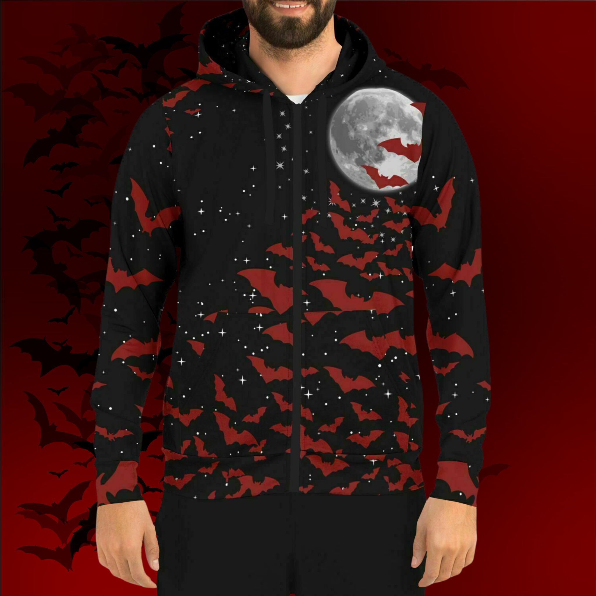 Crimson Bats & Full Moon All Over Print Zip Hoodie