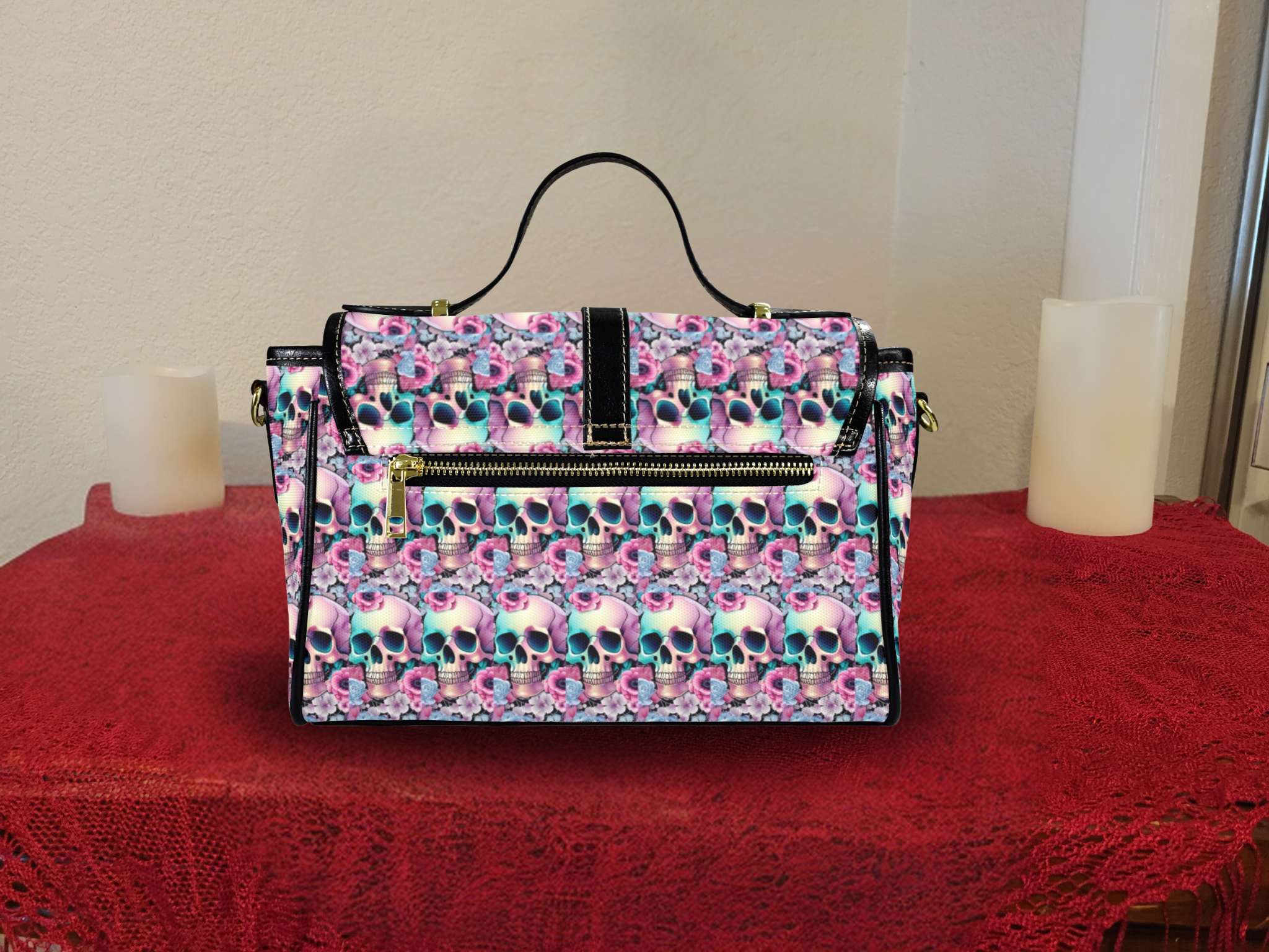 Pastel Goth Skull Floral Crossbody Satchel Bag — Waterproof Canvas Shoulder Bag