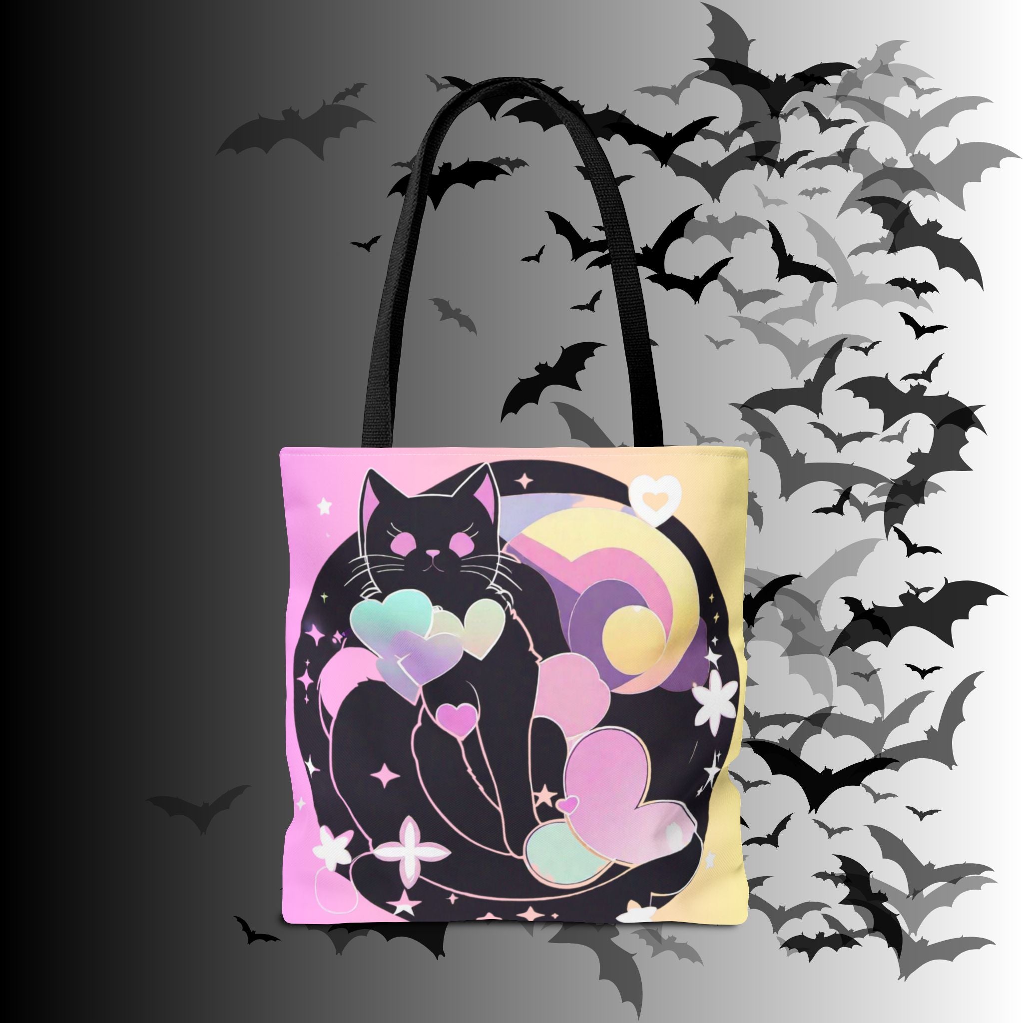 Pastel Goth Black Cat Heart Balloon Tote Bag — Kawaii Moon Print