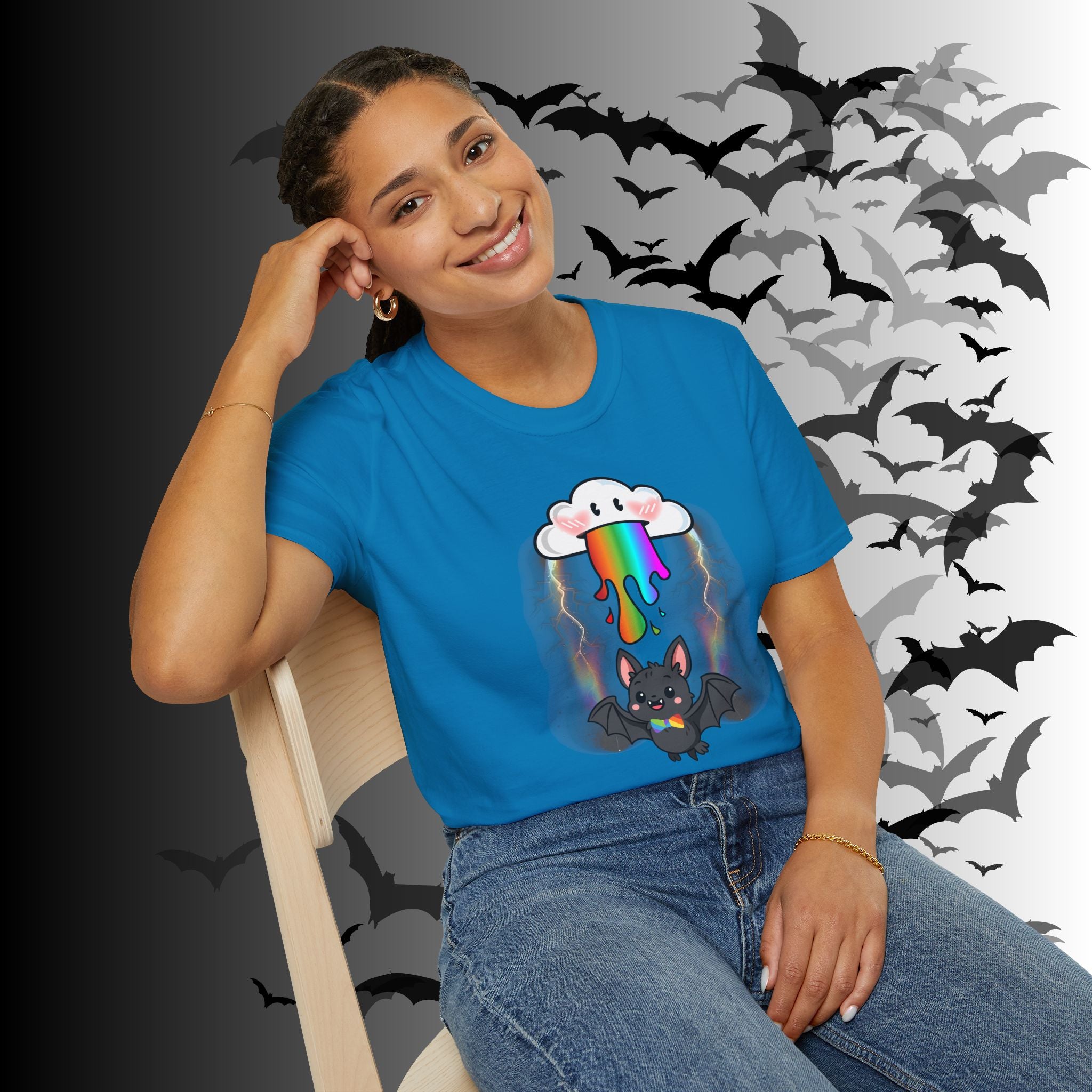 Rainbow Vomit Cloud Bat T-Shirt — Kawaii Goth Pride Unisex Tee