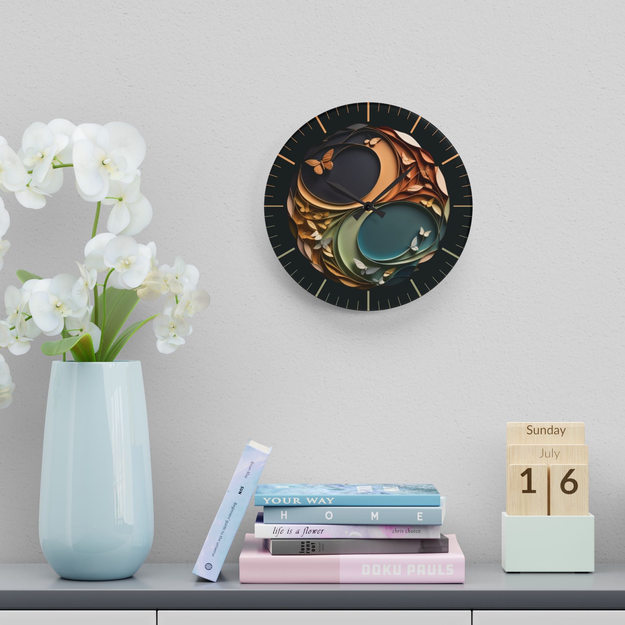 Origami Style Yin Yang Butterfly Acrylic Art Print Wall Clock — NOT Real Origami, Zen Home Decor